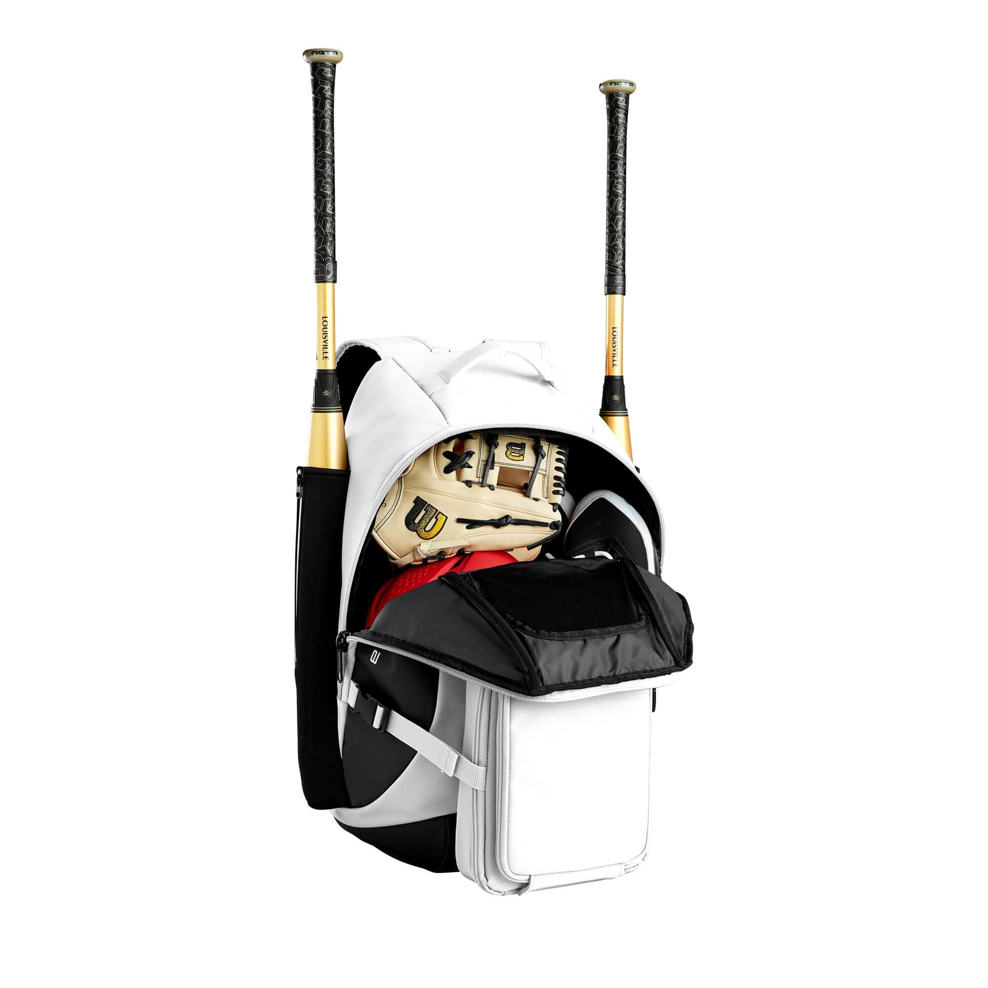 Evoshield Recruit Backpack with bats, field glove, and gear, featuring a durable design and fleece-lined pocket.