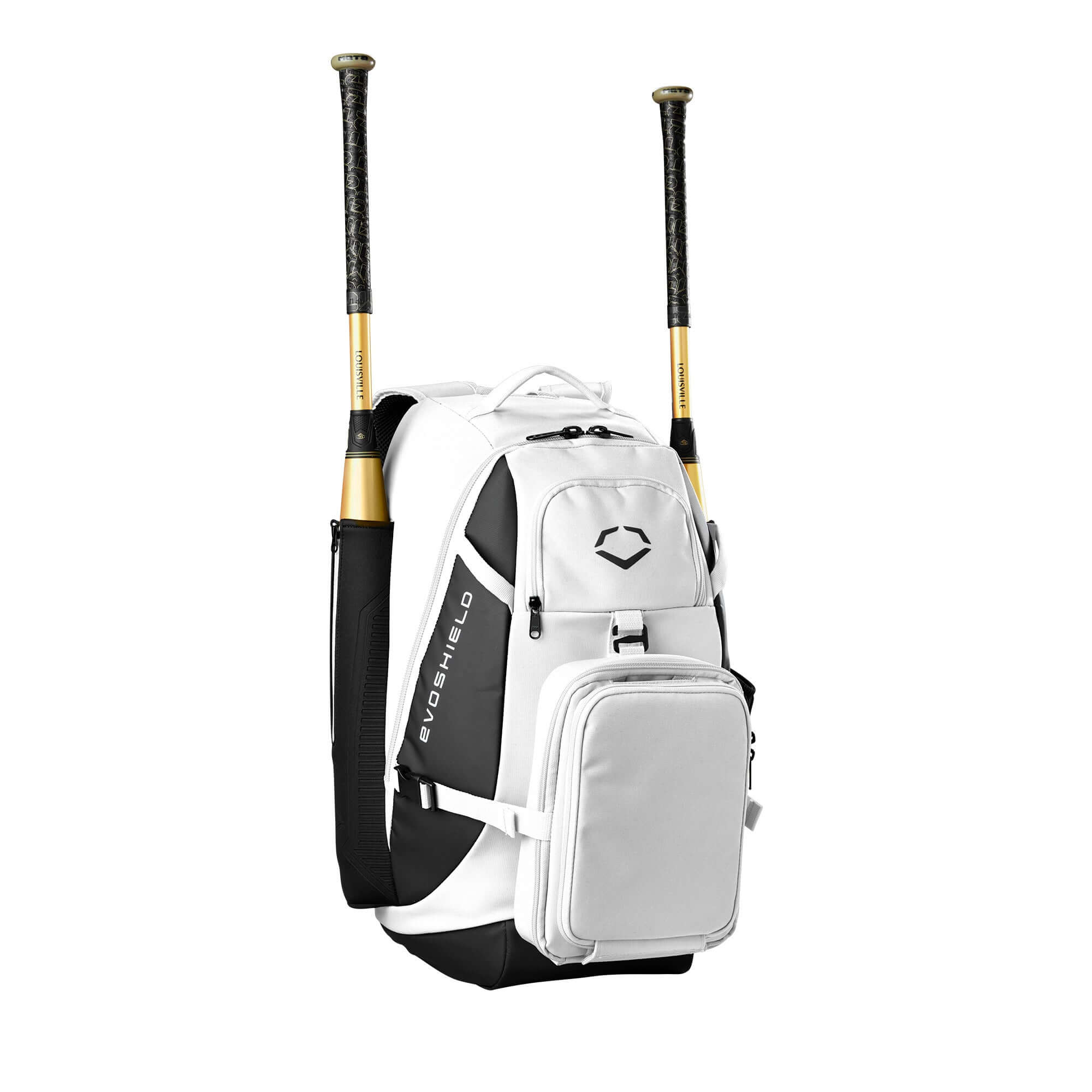 Evoshield Recruit Backpack with bat sleeves, large main compartment, and fleece-lined pocket for sports gear.