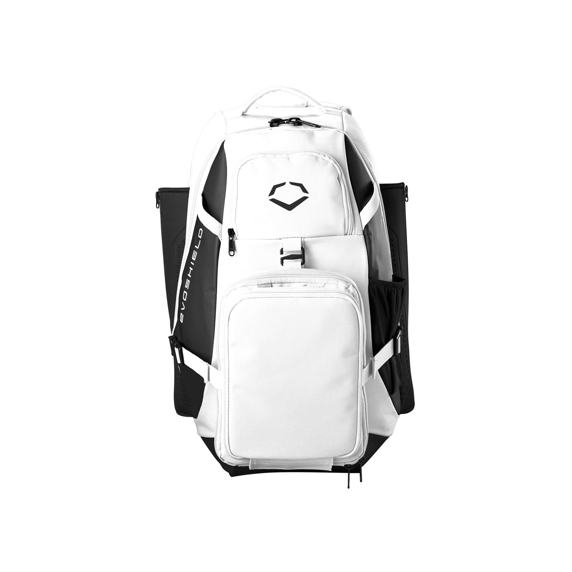 Evoshield Recruit Backpack in white, designed for athletes with large main compartment and neoprene bat sleeves.