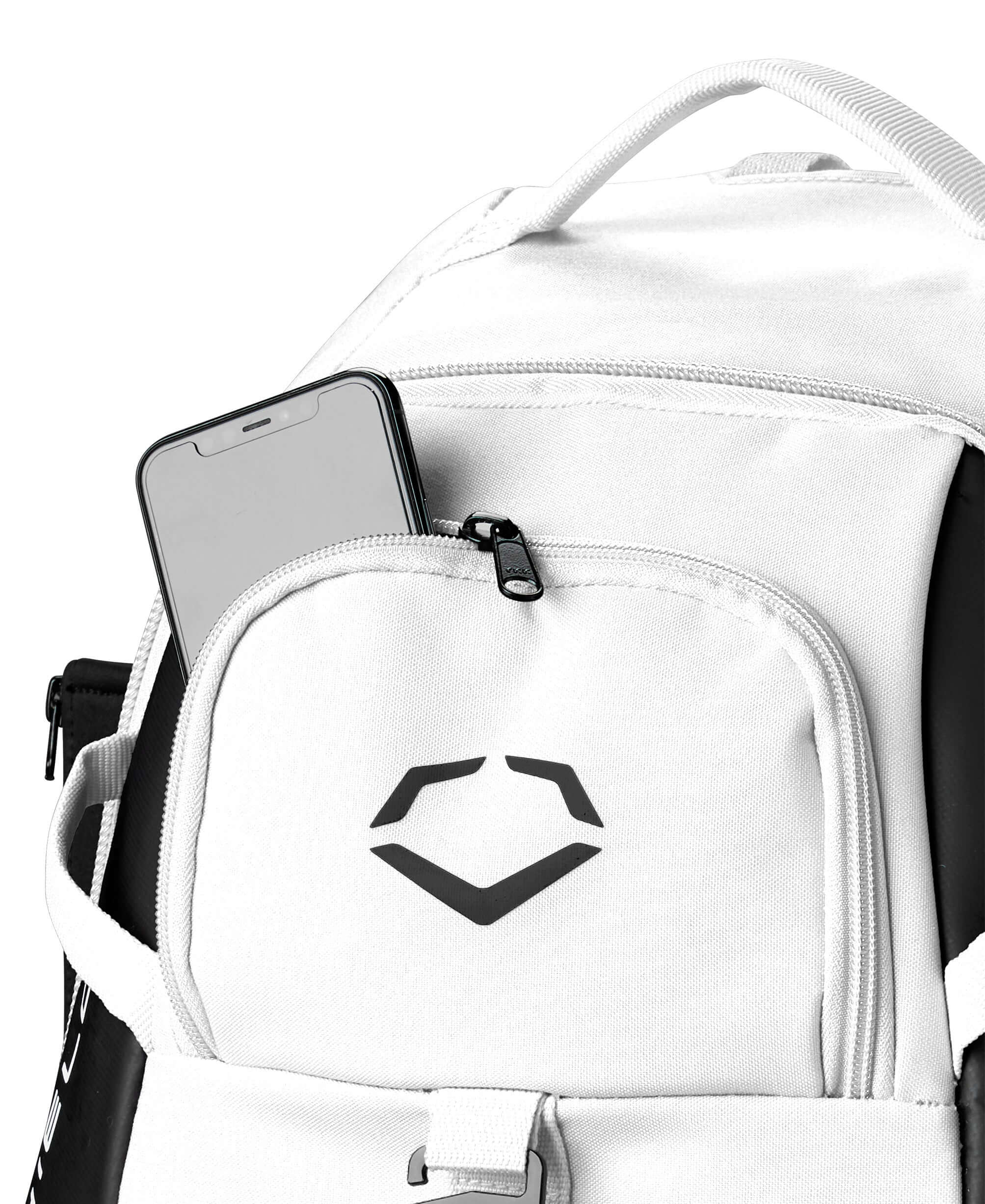 Evoshield Recruit Backpack with phone in the front pocket, showcasing its convenient storage features.