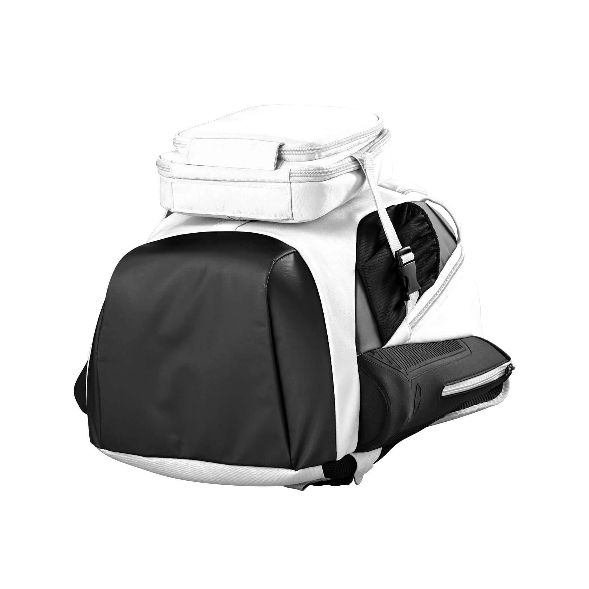 Evoshield Recruit Backpack in black and white, featuring a large main compartment and side bat sleeves for sports equipment.