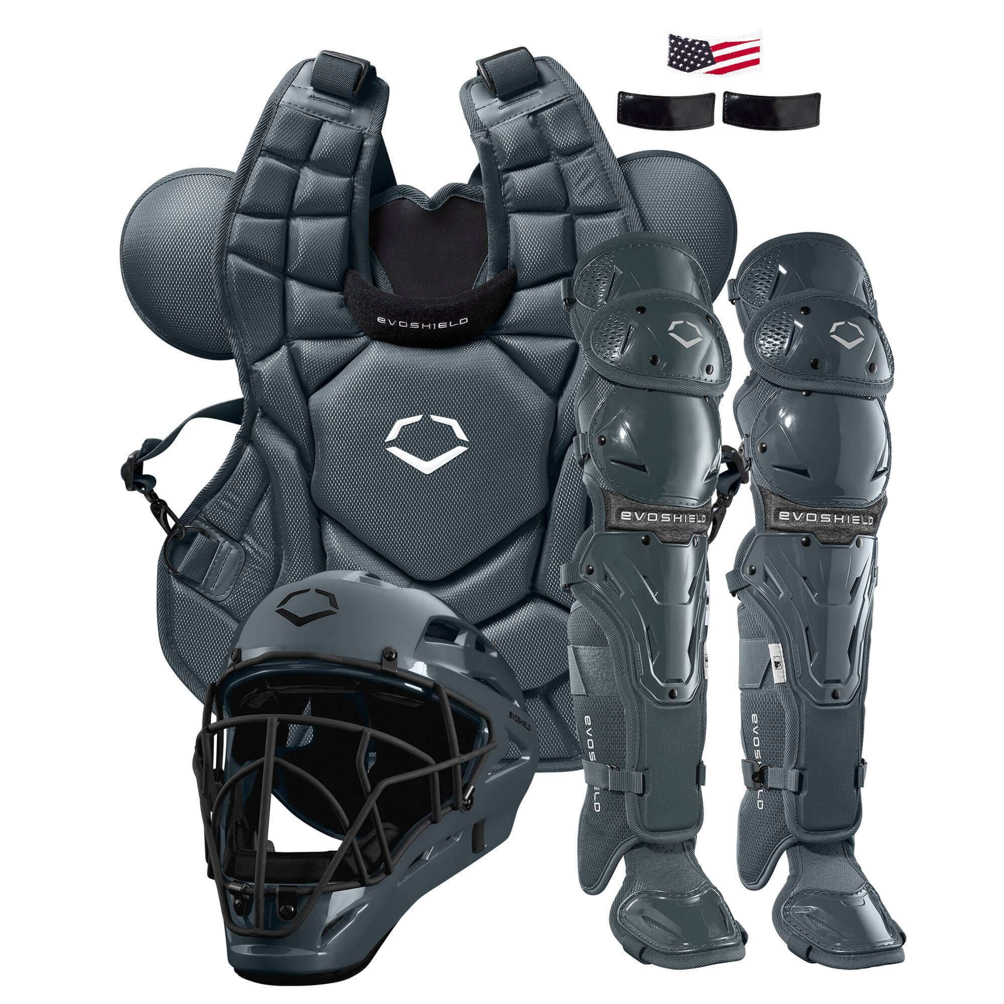 Evoshield G2S Adult Baseball Catcher's Gear Kit with helmet, chest protector, and leg guards in gray.