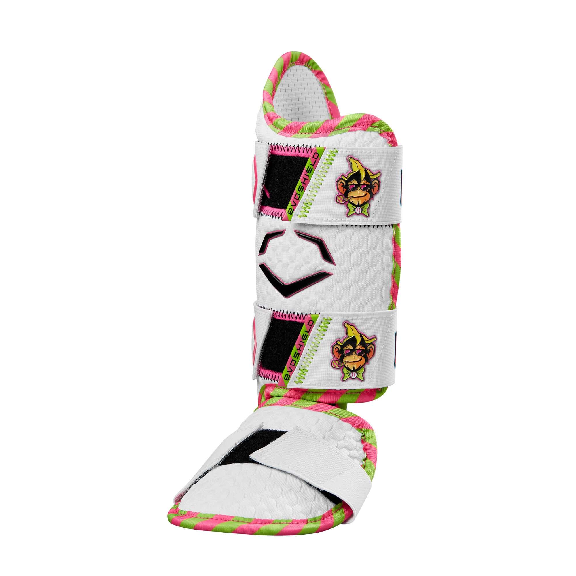 Evoshield X-SRZ Party Animals Batter’s Leg Guard in white with neon pink and green accents, featuring Gel-to-Shell technology.