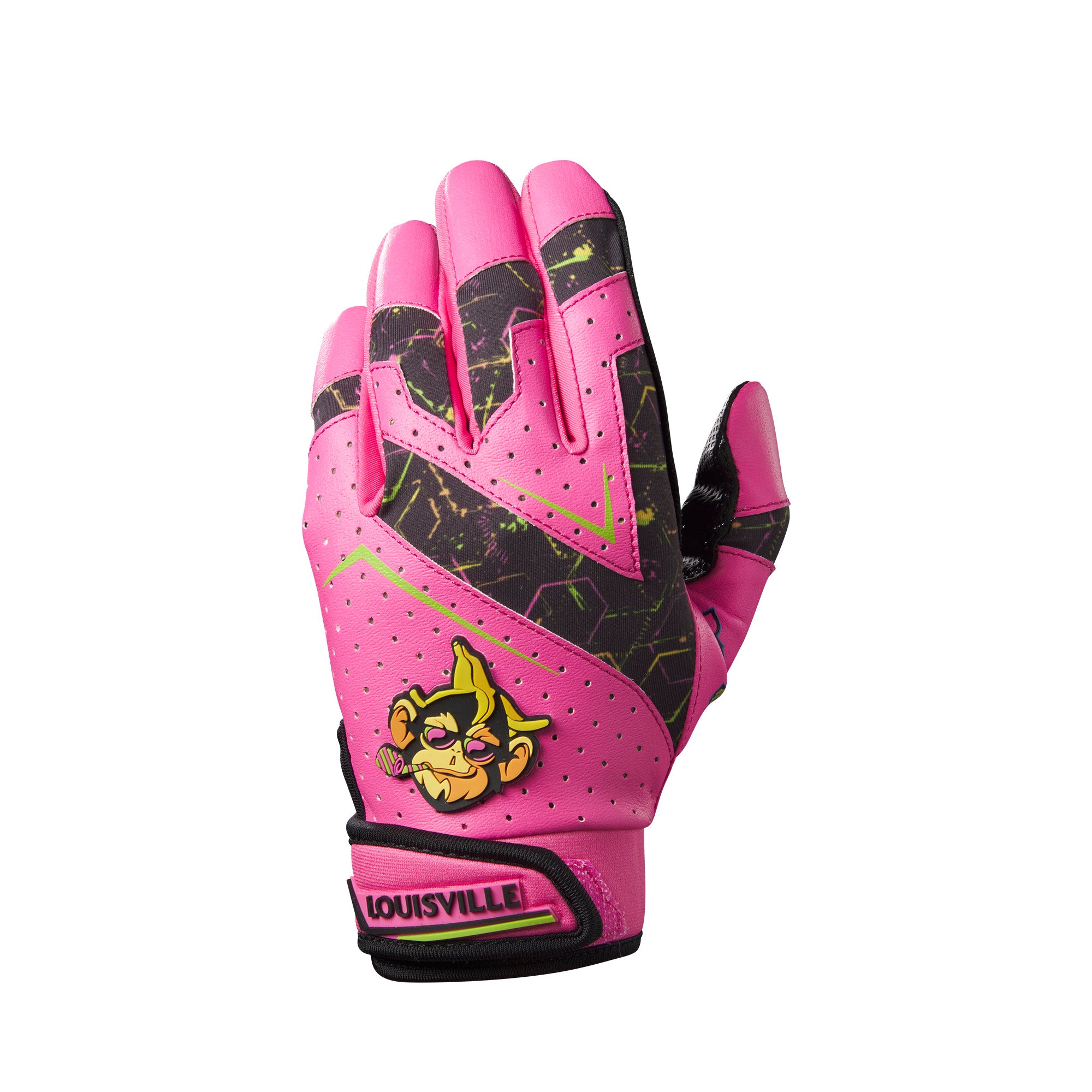 Louisville Slugger Party Animals Youth Genuine V2 Batting Gloves in pink and black with a fun design.