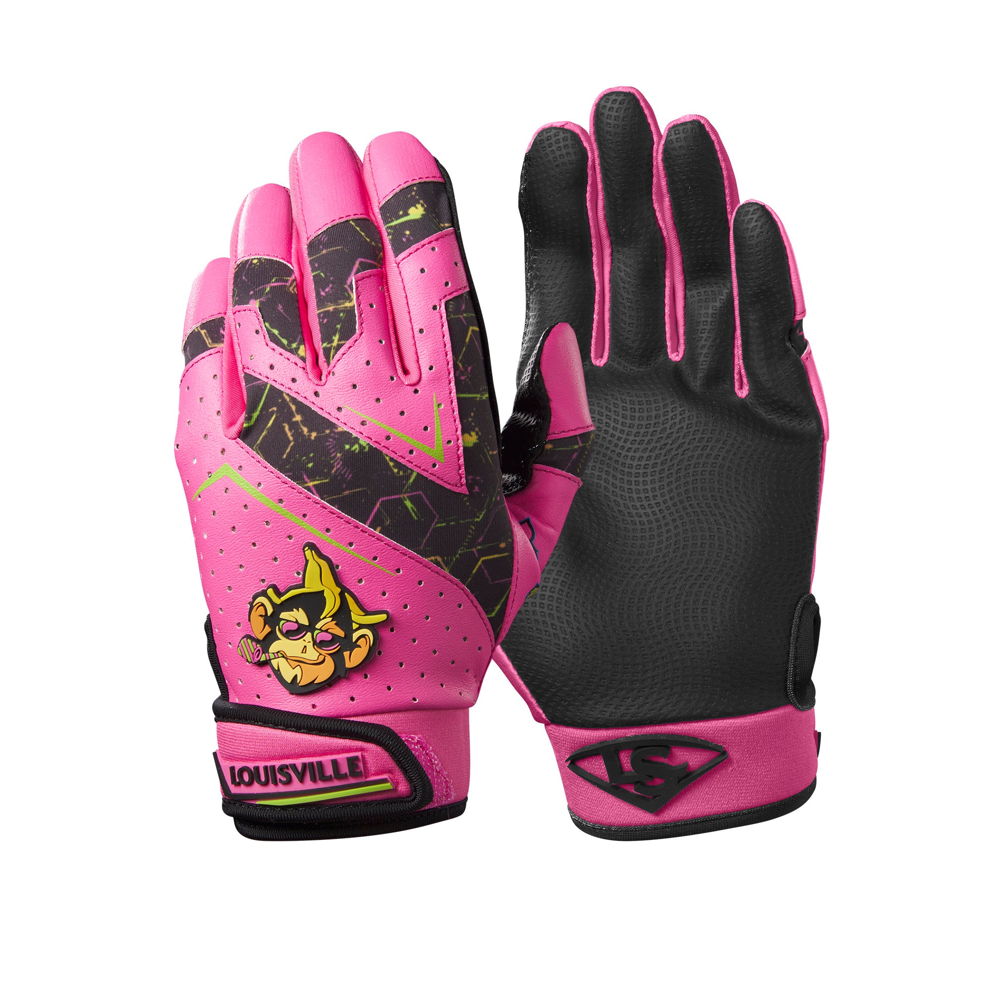 Louisville Slugger Party Animals Youth Genuine V2 Batting Gloves in pink and black with vibrant design.
