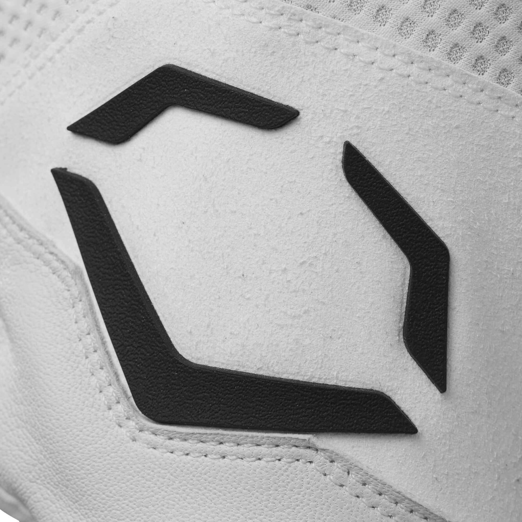 Close-up of the Evoshield logo on the Youth Carbyne Batting Glove in Team White.