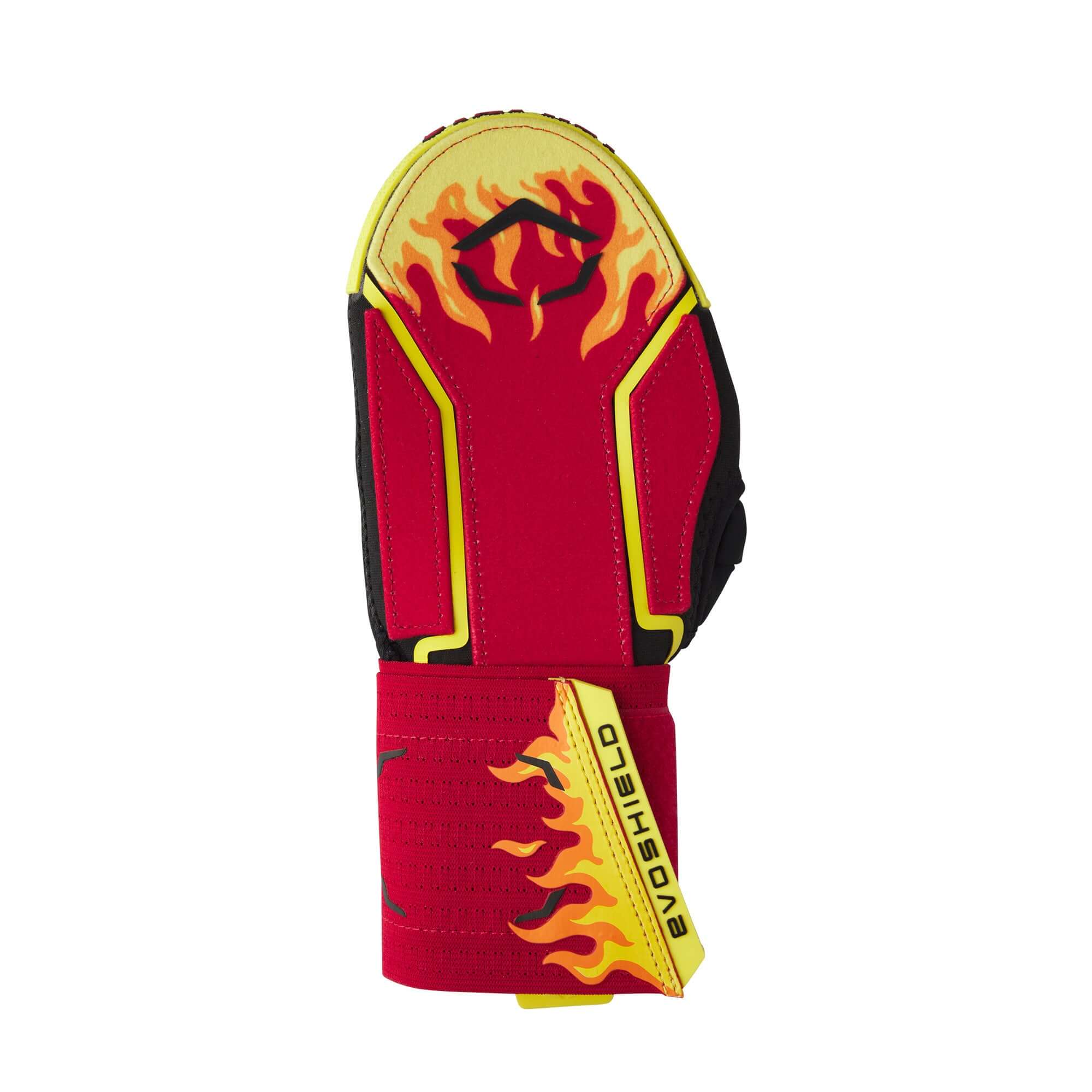Evoshield X-SRZ Stay Hot Sliding Mitt 2.0 featuring red flames and protective design for baseball and softball players.