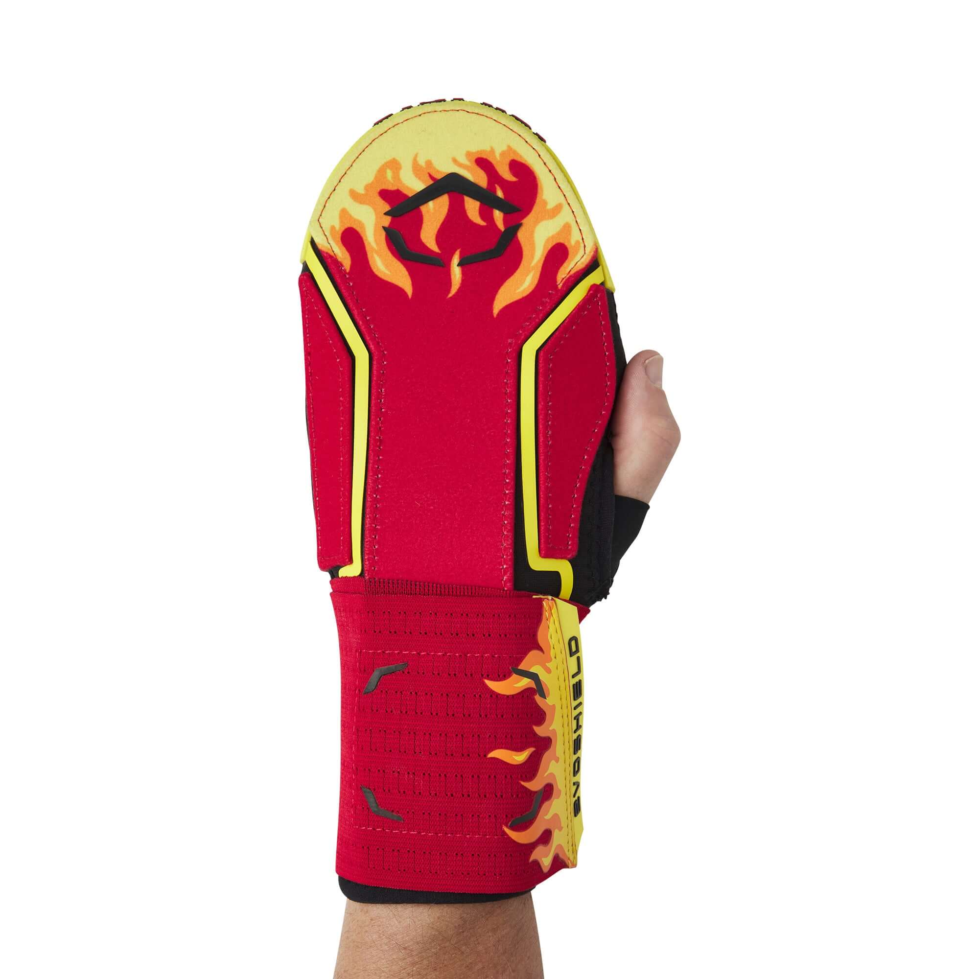 Evoshield X-SRZ Stay Hot Sliding Mitt 2.0 in red with flame design, ideal for baseball and softball players, showcasing improved grip.