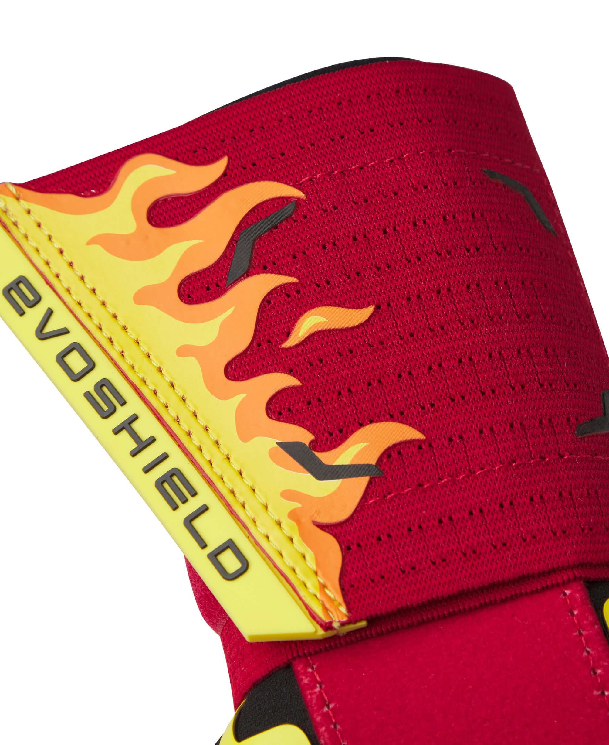 Evoshield X-SRZ Stay Hot Sliding Mitt 2.0 featuring vibrant red color and flame design for enhanced visibility and style.