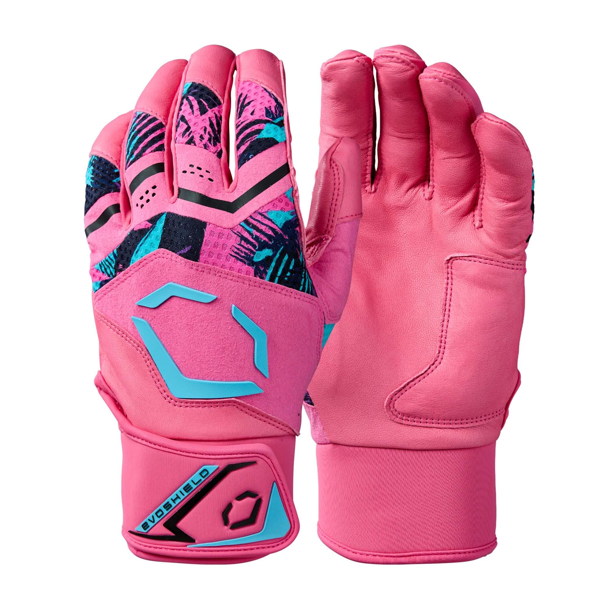 Back and palm view of Evoshield X-SRZ Miami Vice Youth Carbyne Batting Glove in Hot Pink/Black