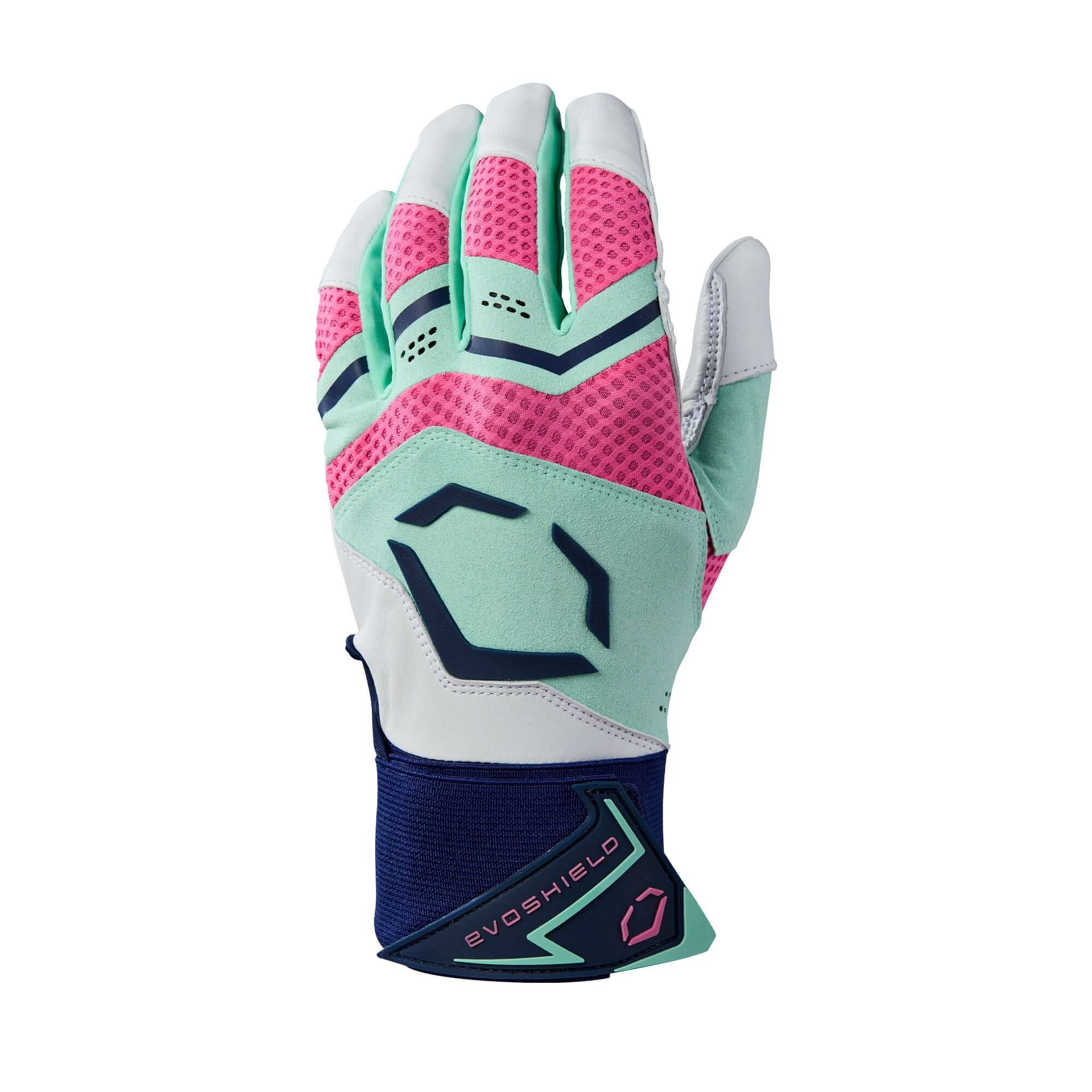  View of youth Evoshield Carbyne glove's back hand in navy, featuring durable sheepskin leather and mesh ventilation.