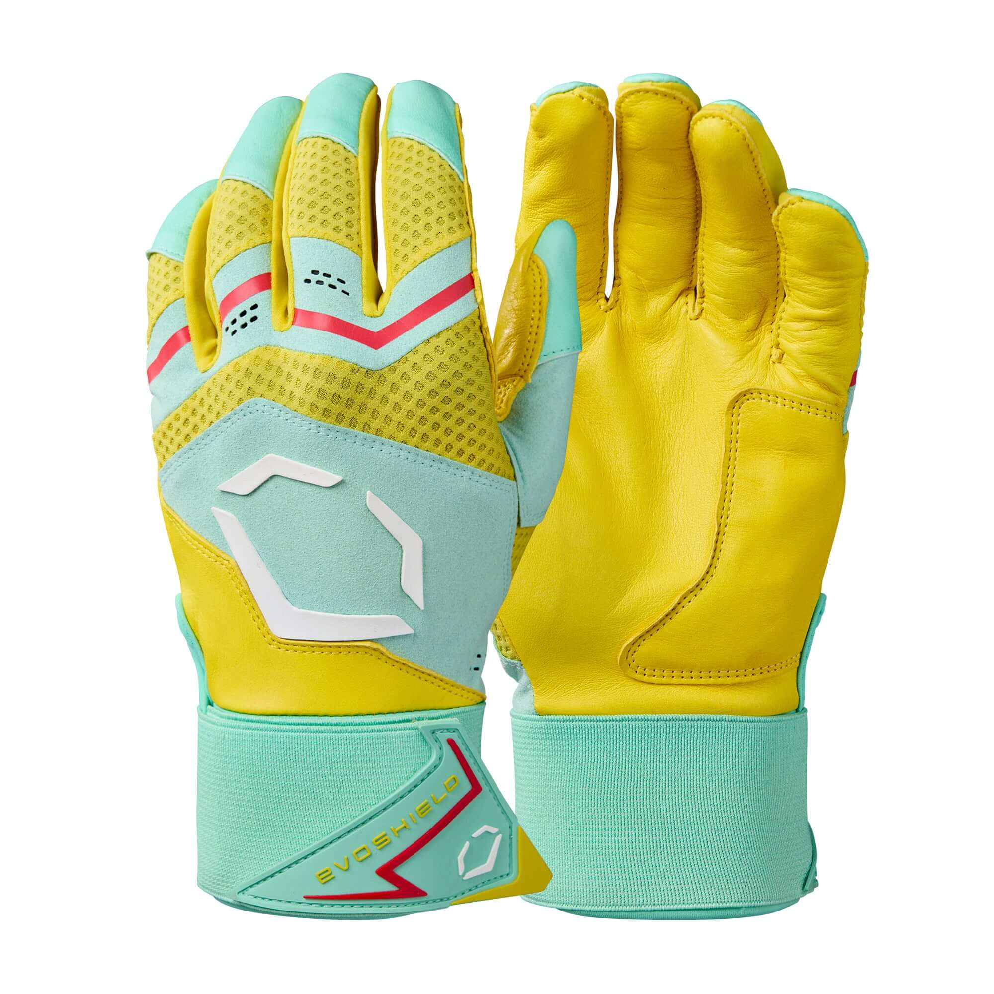 Evoshield Youth Carbyne Batting Gloves in yellow, seafoam, and red for enhanced grip and durability.