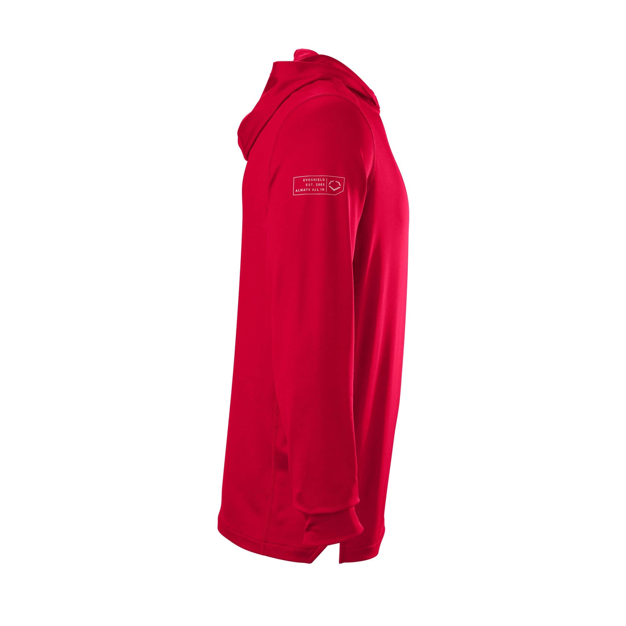 Side view of the Evoshield Adult Lightweight Training Hoodie 2.0 in vibrant red, showcasing its slim fit design.