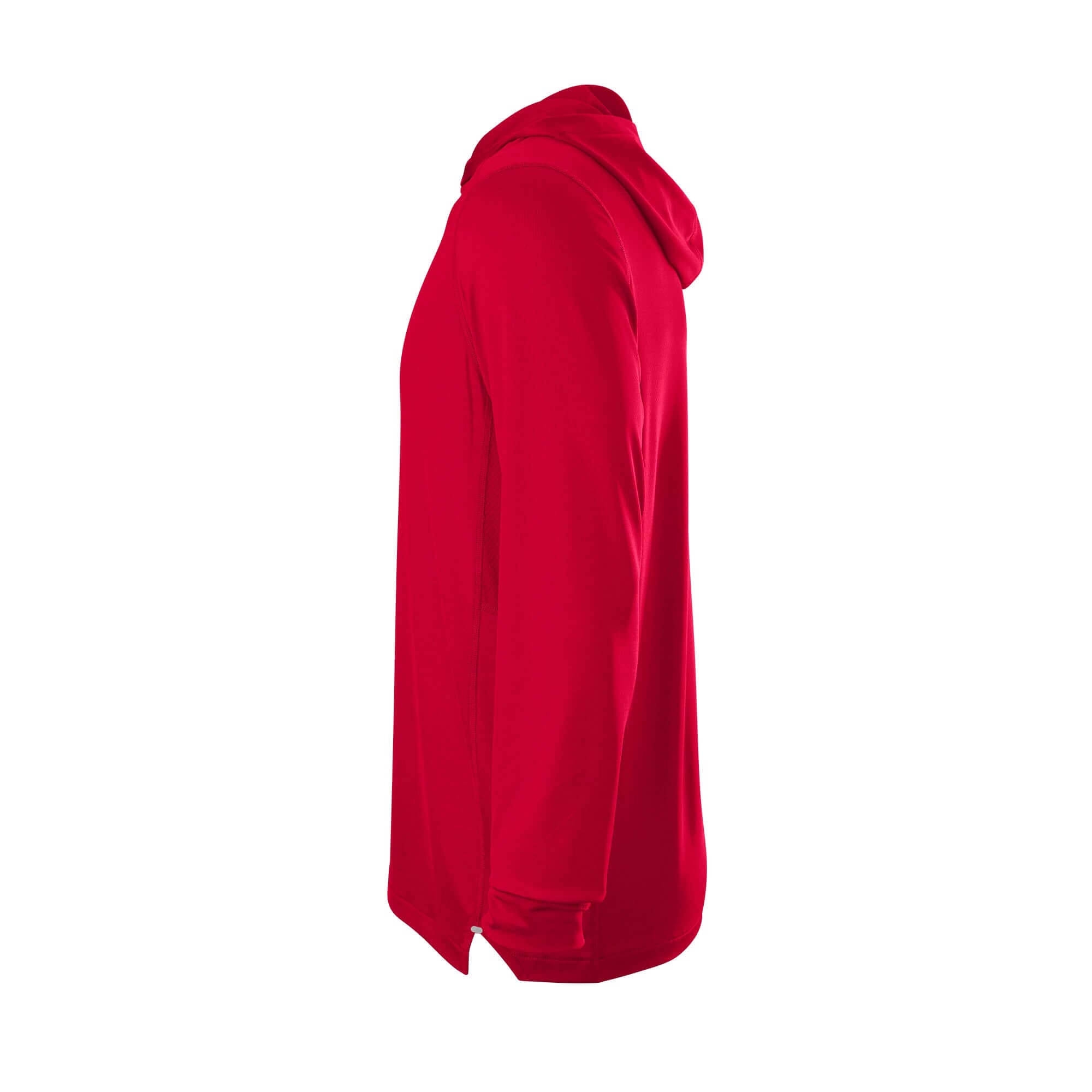 Side view of the Evoshield Adult Lightweight Training Hoodie 2.0 in red, showcasing its slim fit and hood design.