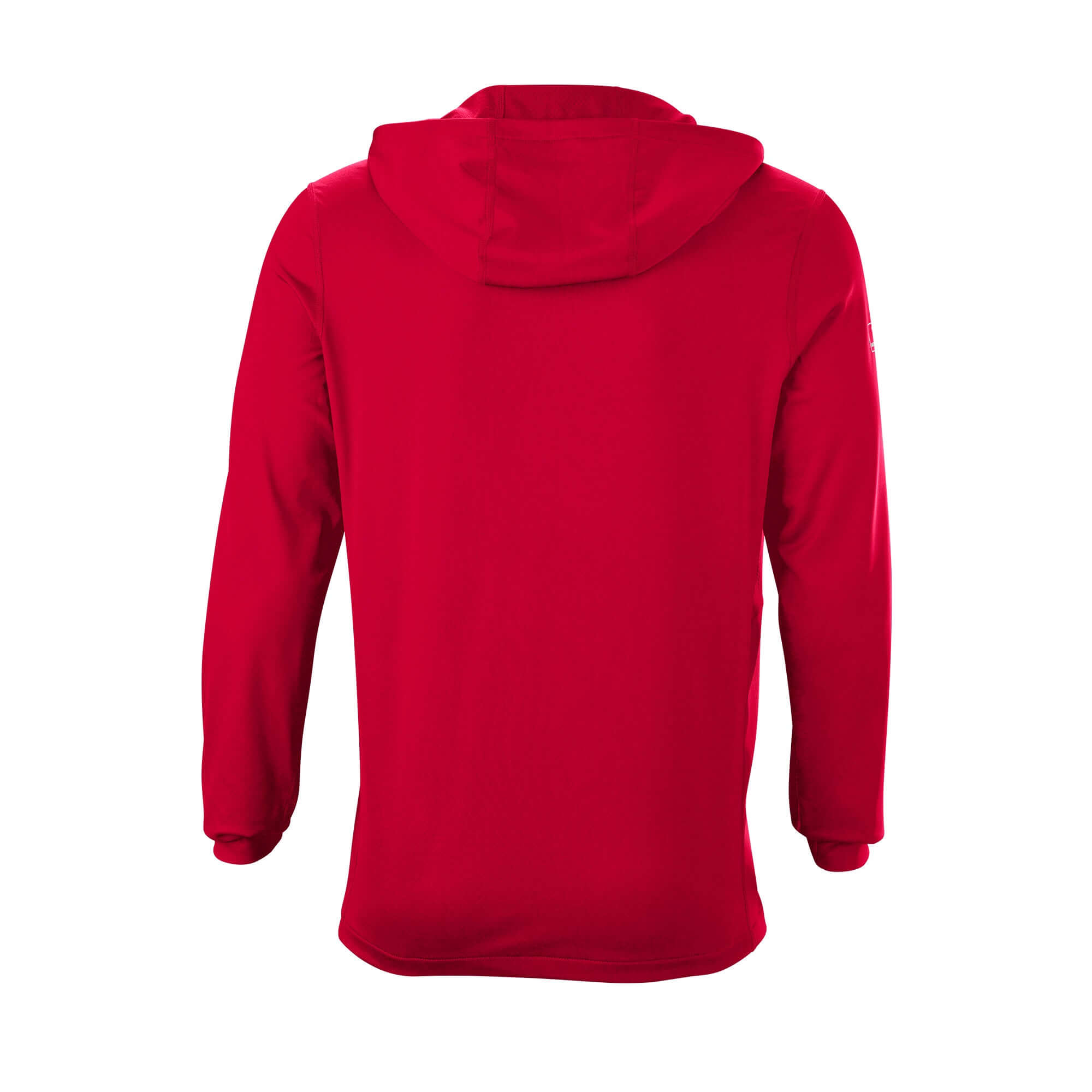 Back view of the Evoshield Adult Lightweight Training Hoodie 2.0 in vibrant red color, showcasing its slim fit and hood.
