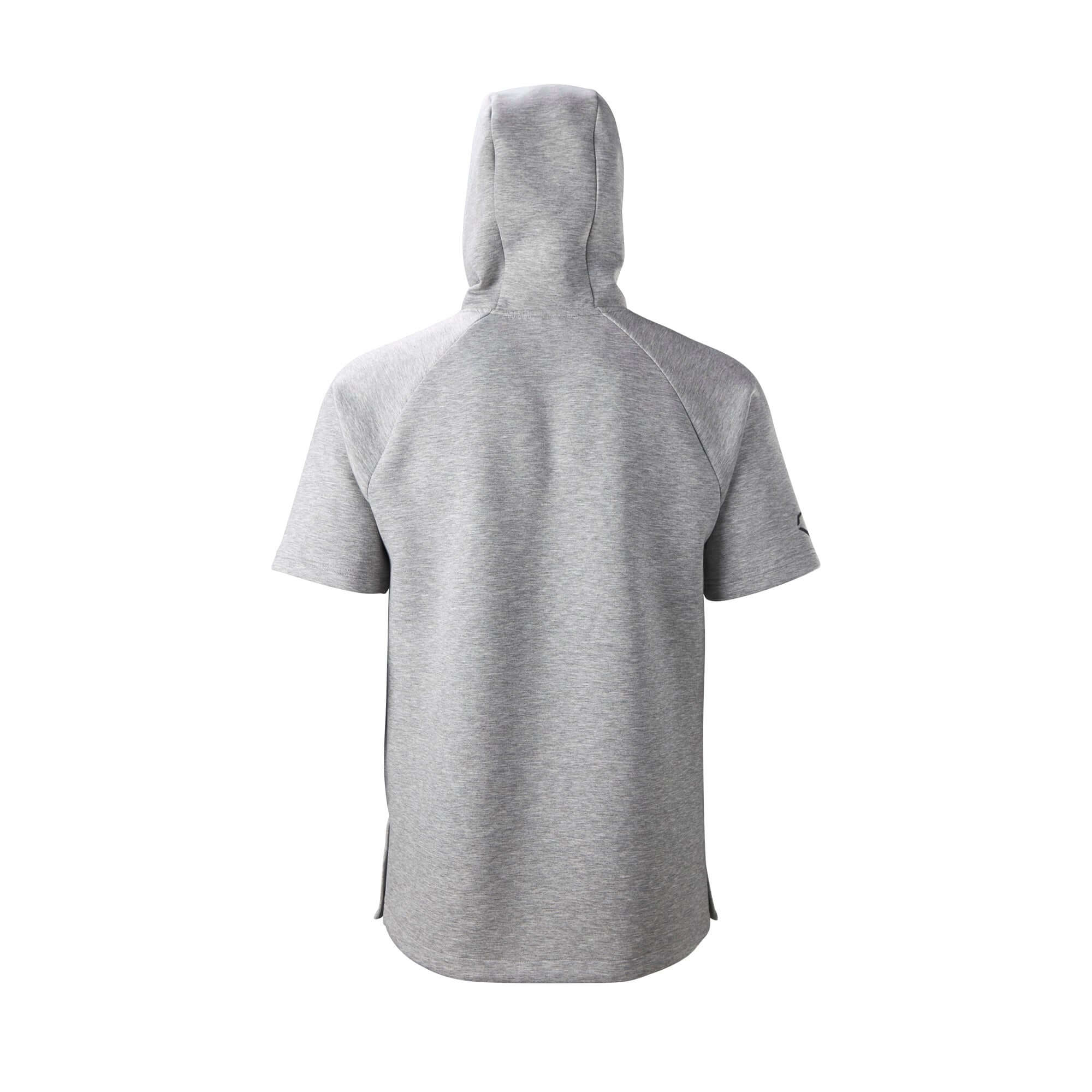 Evoshield Men's Pro Team Short Sleeve Hoodie 2.0 in Heather Grey, showcasing the back design and hood detail.