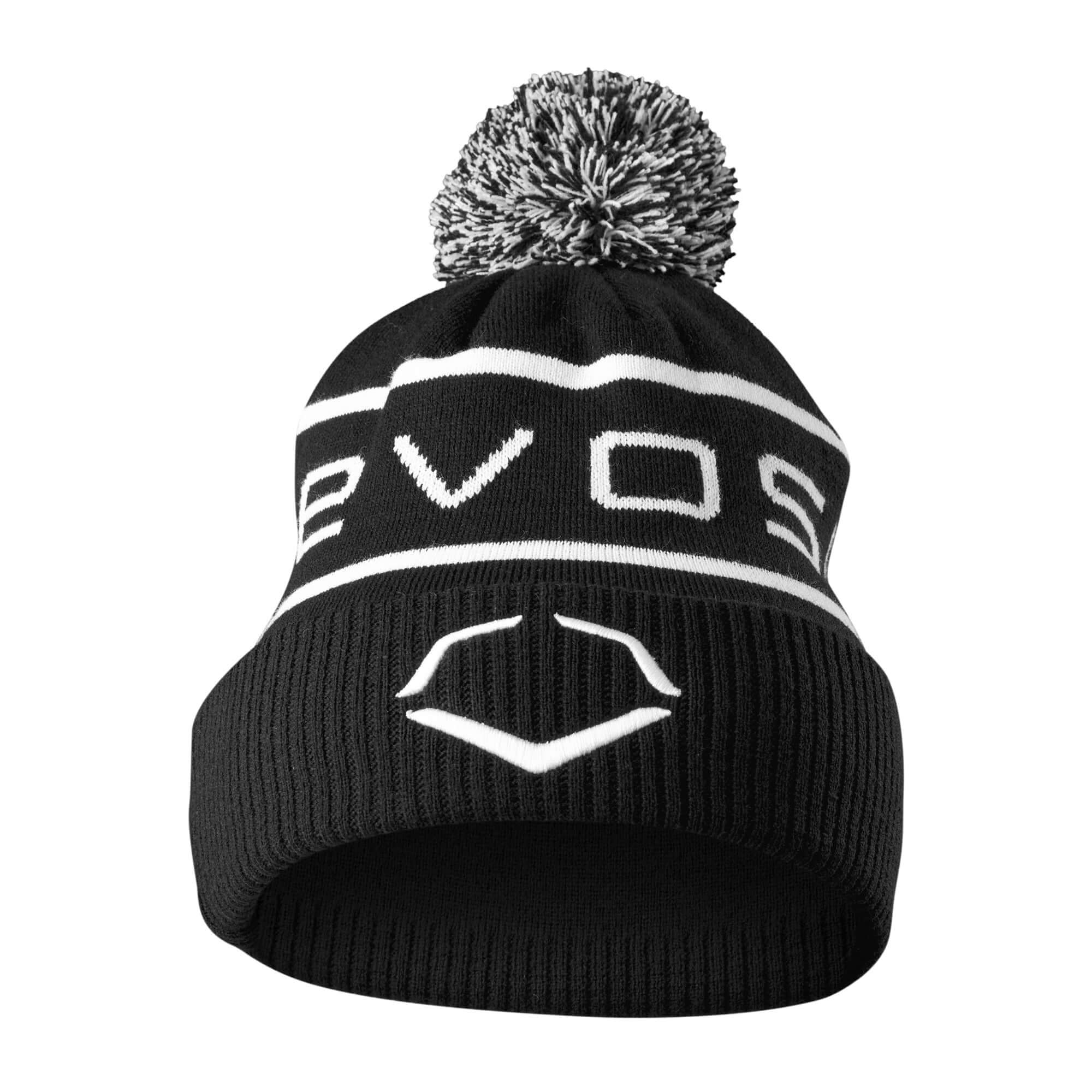 EvoShield Pom Pom Beanie in black and white, featuring soft knit material and a stylish pom pom for warmth.