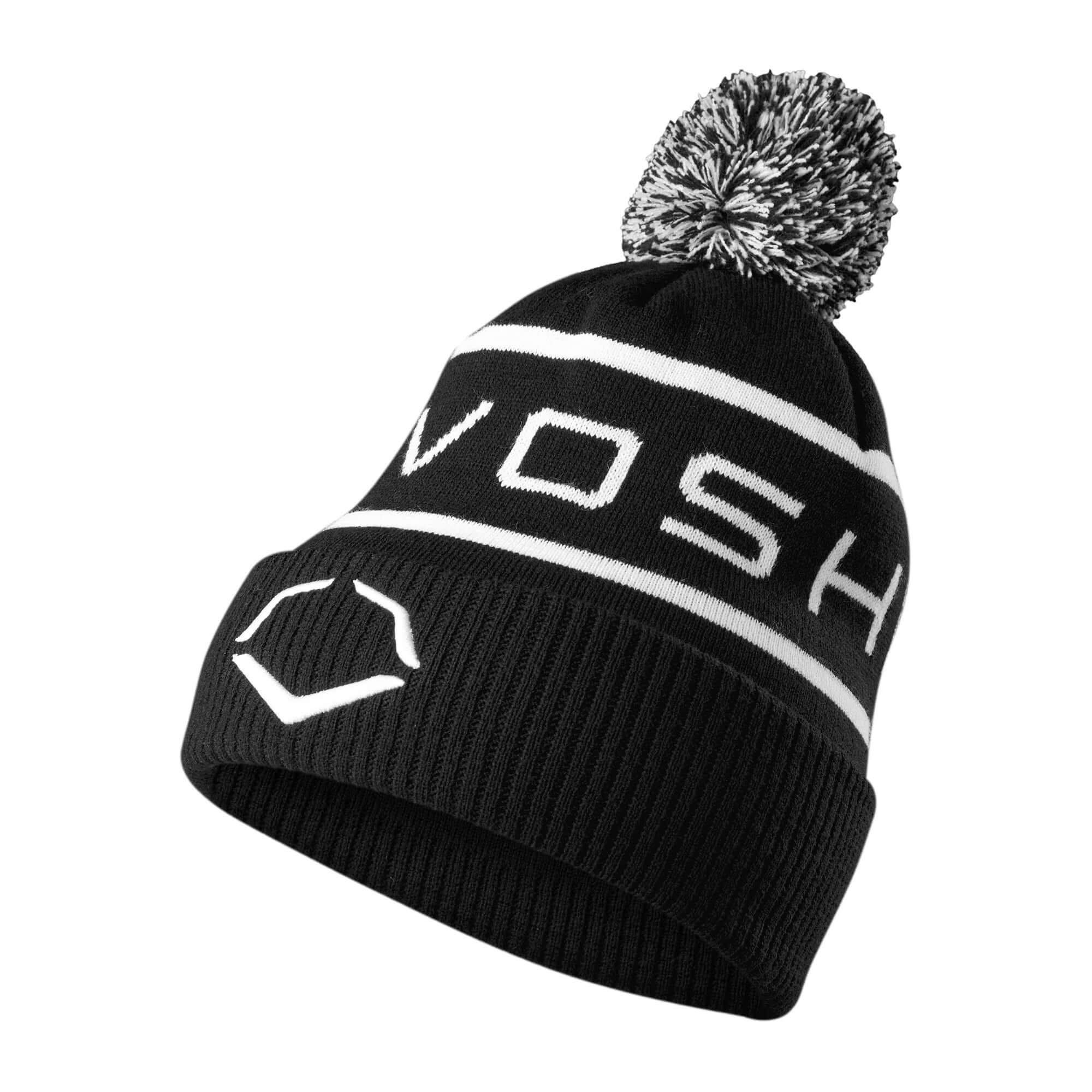 EvoShield Pom Pom Beanie in black with white stripes and logo, perfect for keeping warm in cold weather.