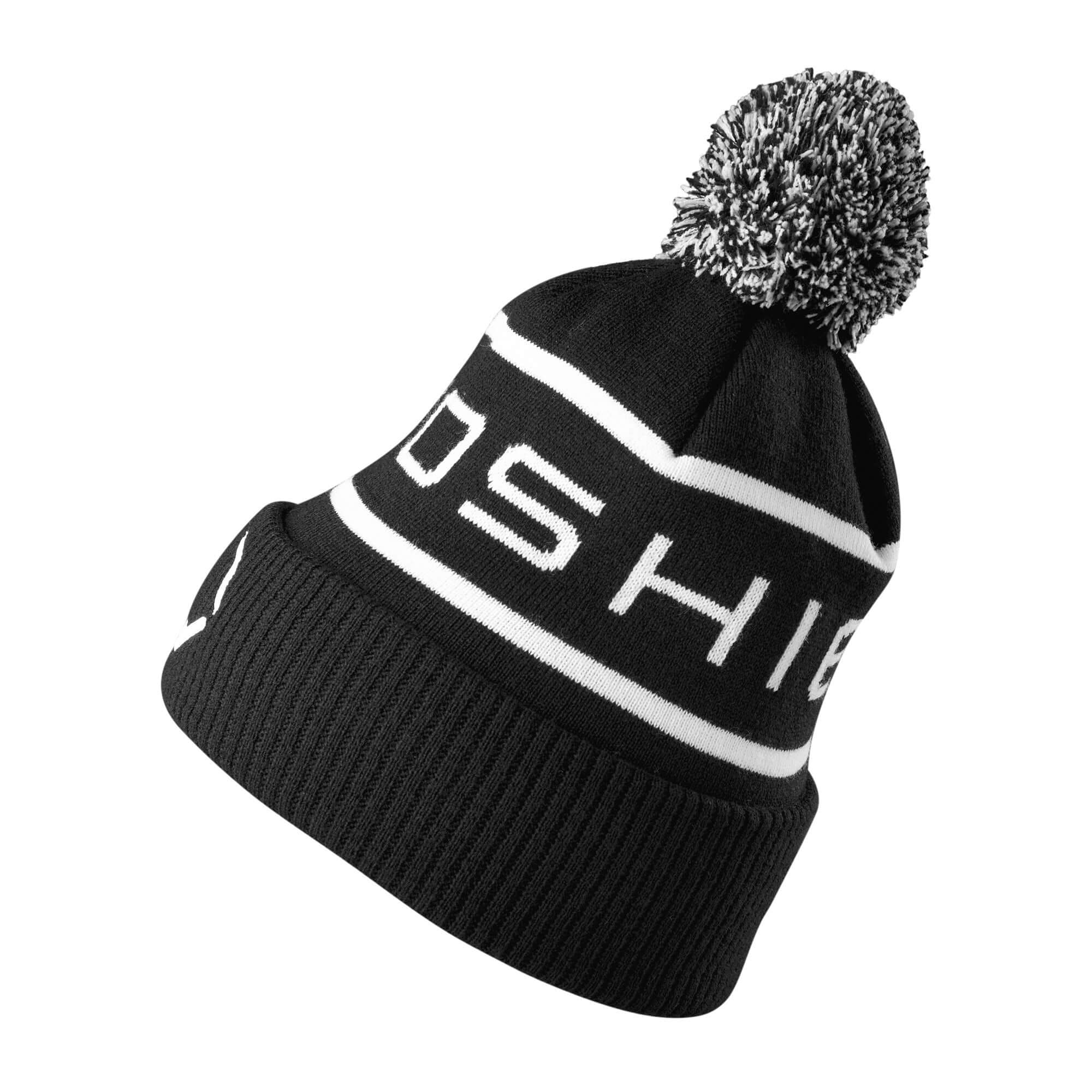 Evoshield Pom Pom Beanie in black with white stripes, perfect for keeping warm in cold weather.