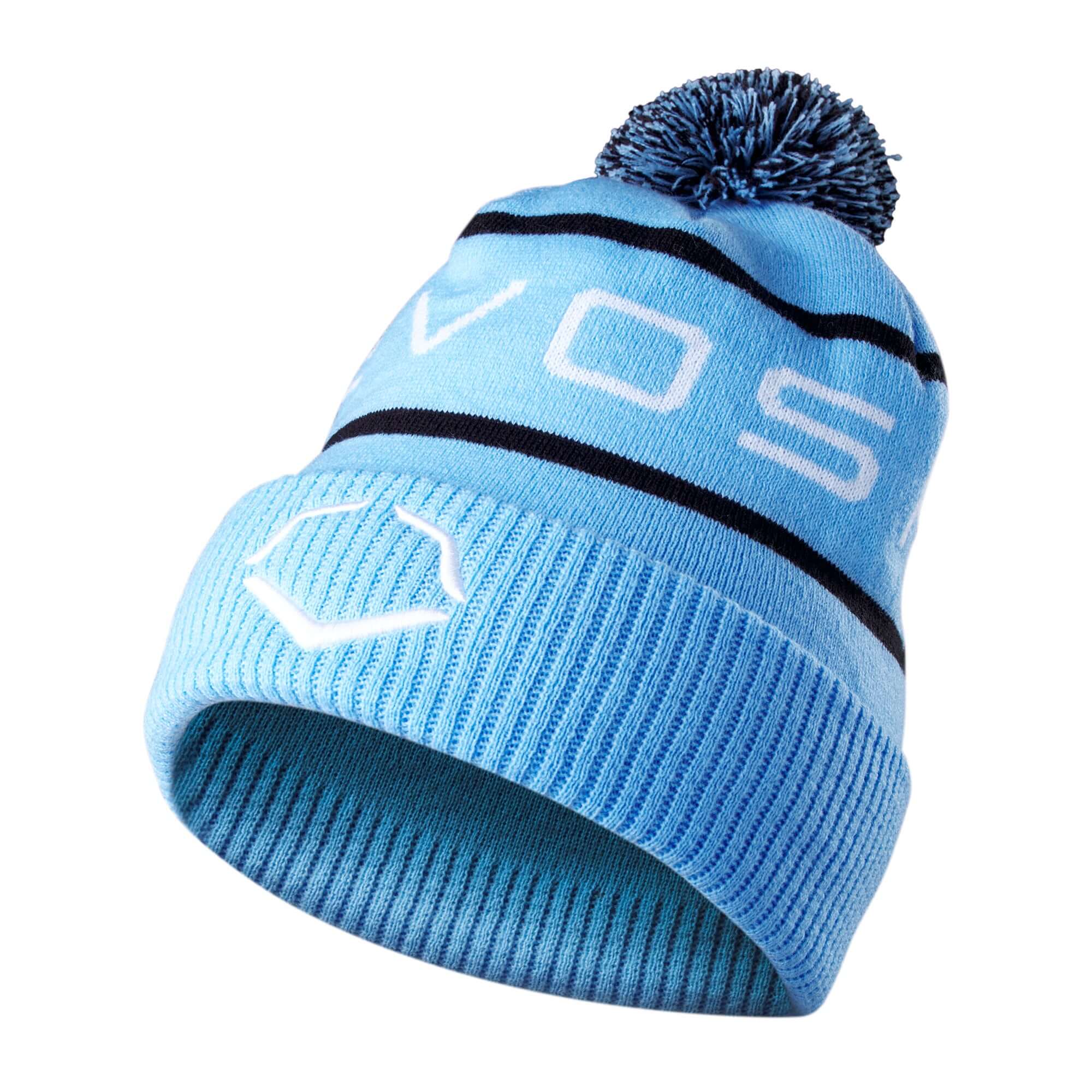 EvoShield Pom Pom Beanie in light blue, featuring soft knit material and logo, perfect for cold weather wear.
