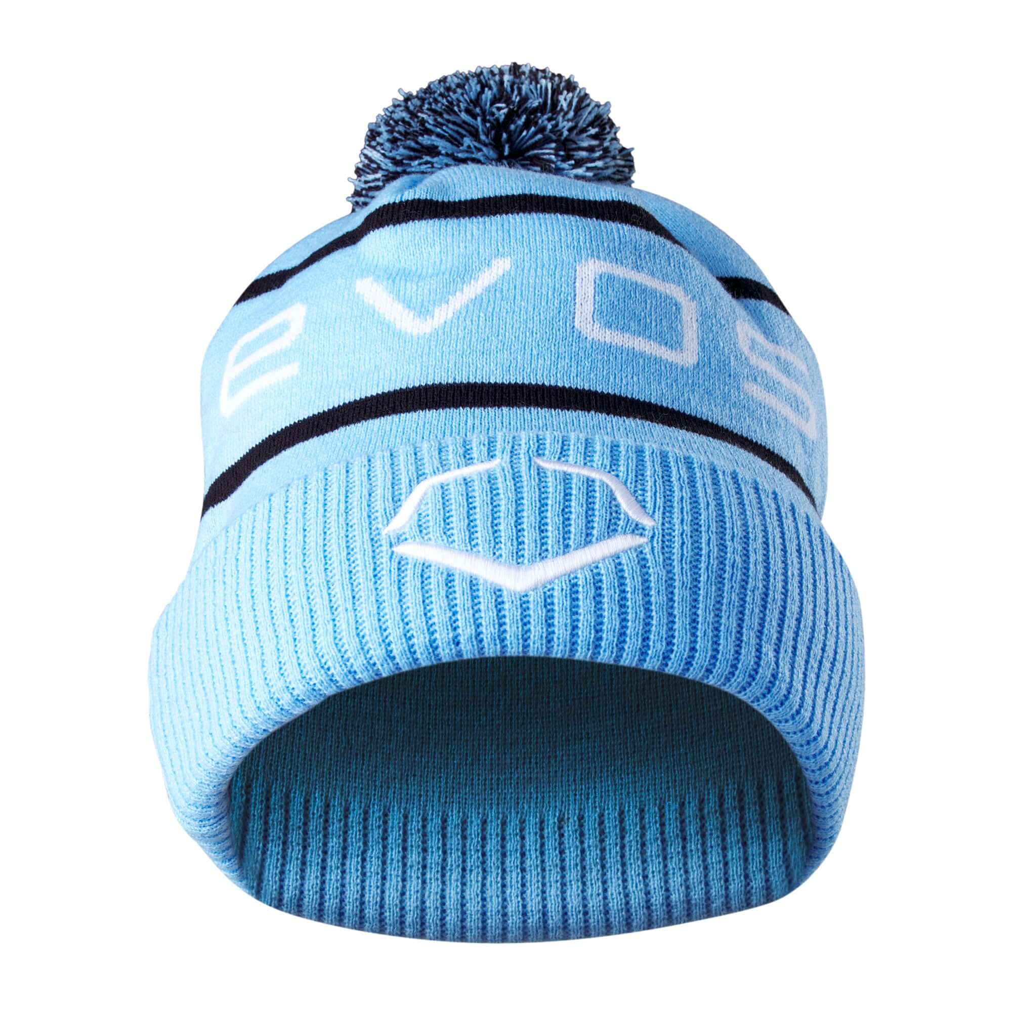 EvoShield Pom Pom Beanie in light blue with black stripes and logo, perfect for warmth in cold weather.