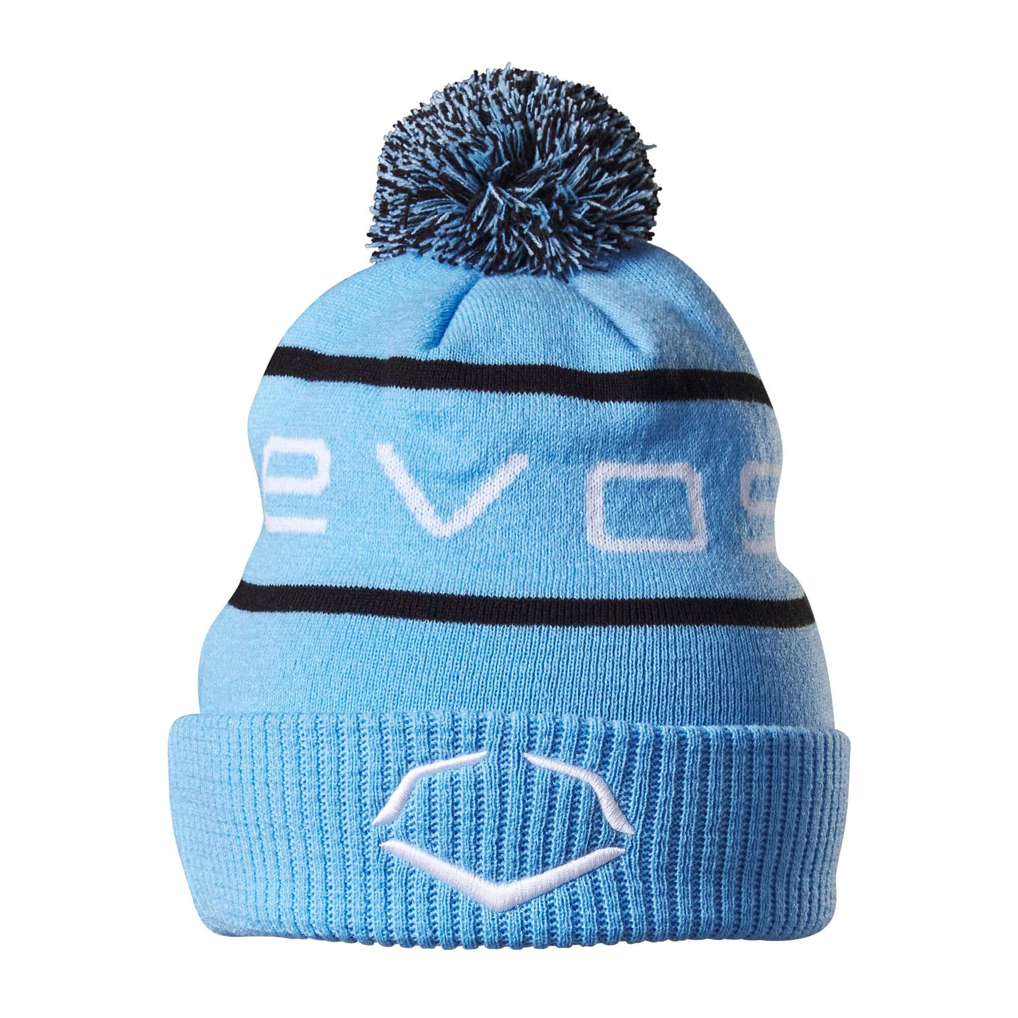 Evoshield Pom Pom Beanie in light blue, featuring a stylish design and warm knit material for cold weather comfort.