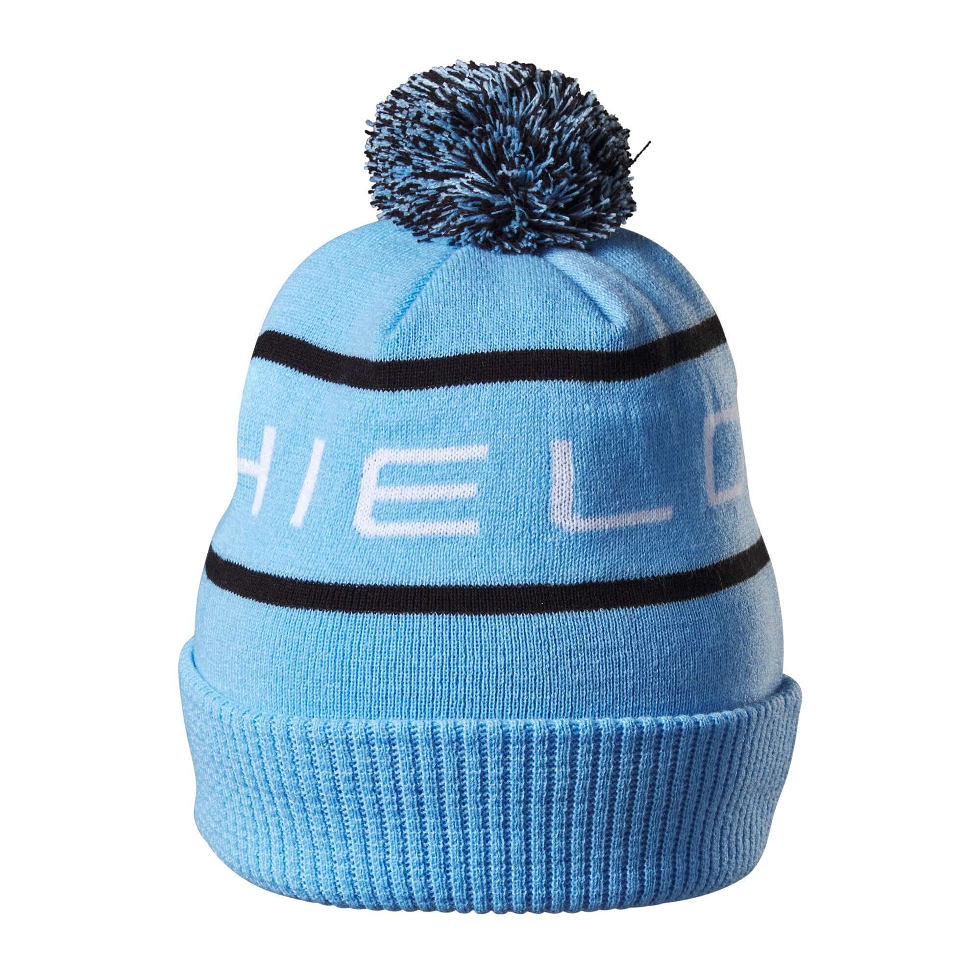 EvoShield blue pom pom beanie hat with black and white stripes, ideal for keeping warm in cold weather.
