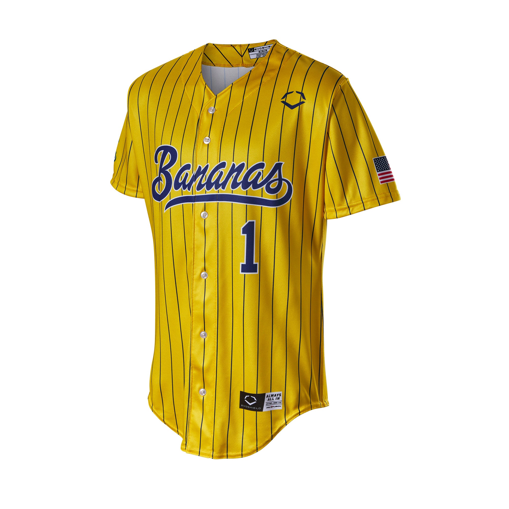 Evoshield Adult Bananas Replica Jersey in yellow with navy pinstripes showcasing the Savannah Bananas logo and patriotic sleeve detail.