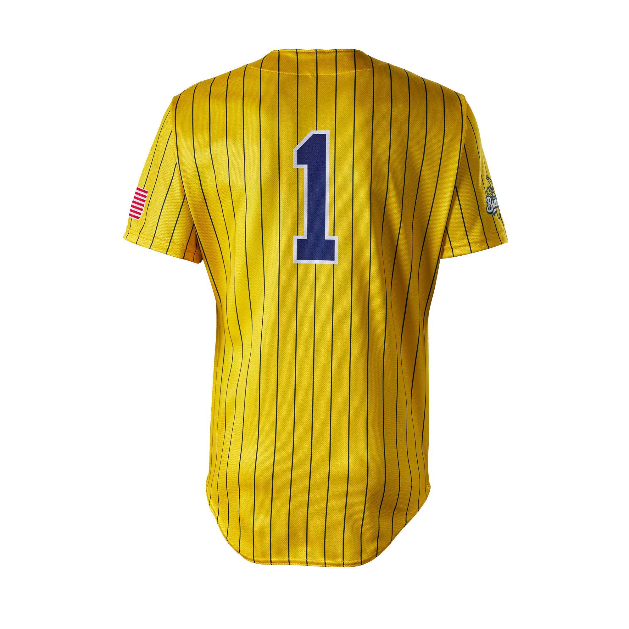 Back view of Evoshield Adult Bananas Replica Jersey in yellow with navy stripes and number 1, inspired by Savannah Bananas team design.