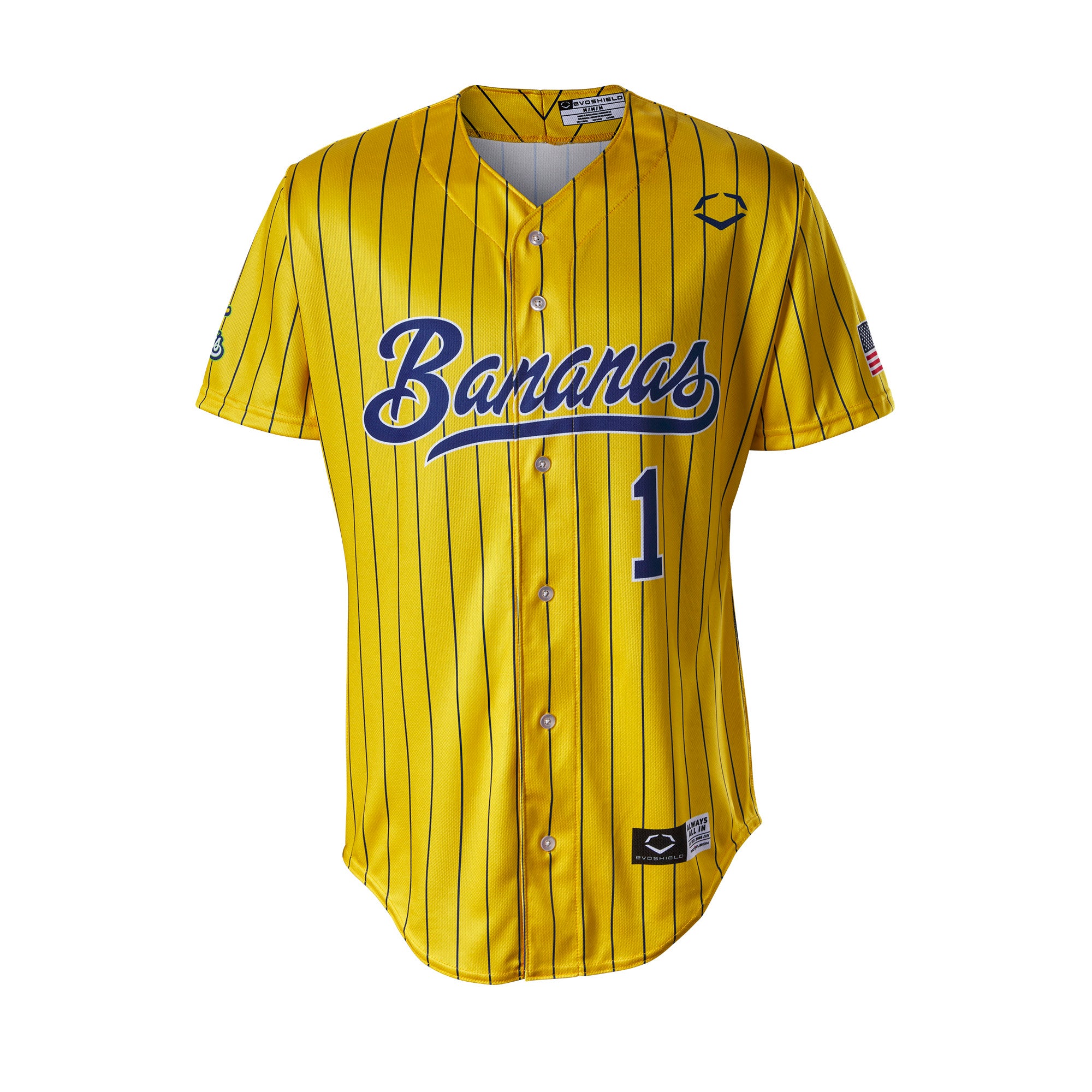 Evoshield Youth Bananas Replica Jersey- Yellow/Navy, front view, official Savannah Bananas jersey for young fans, yellow with navy trim.