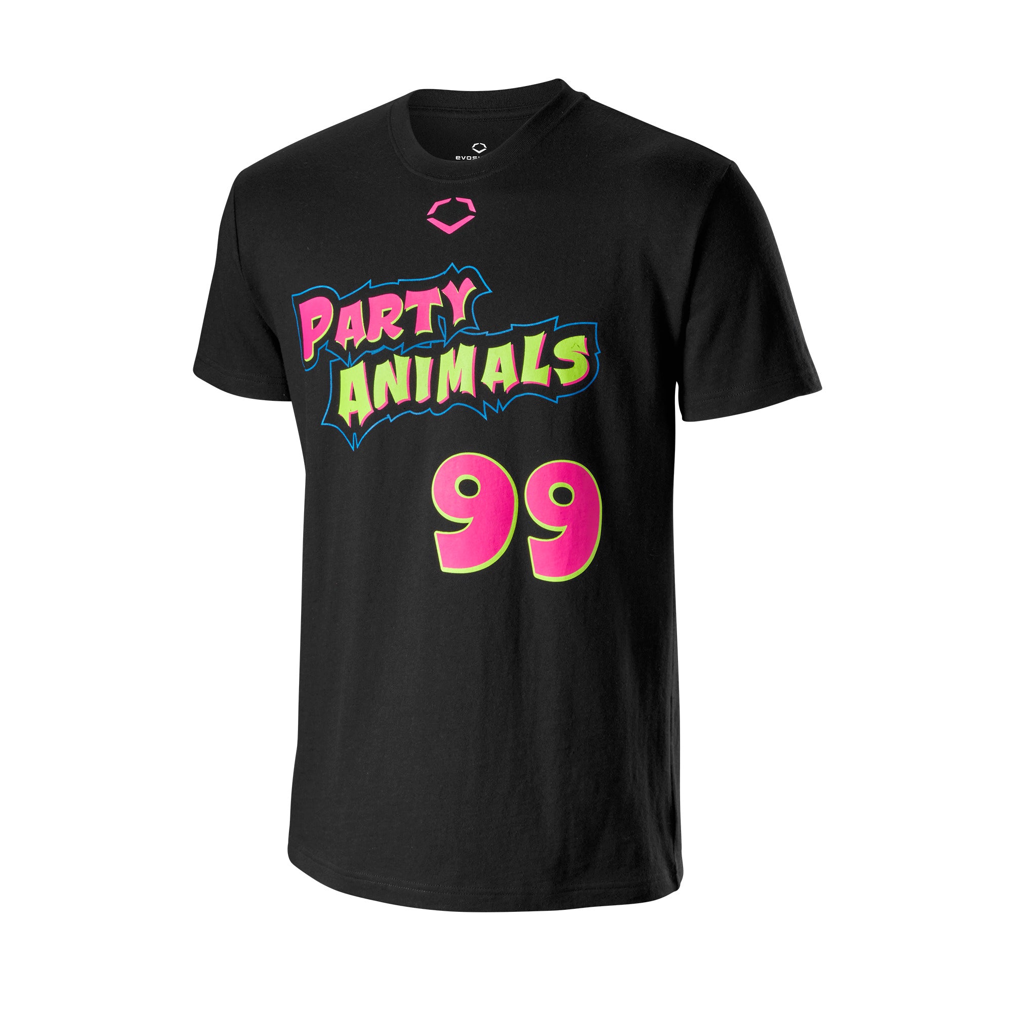 Evoshield Youth Party Animals Shirsey featuring vibrant design with 'Party Animals' graphic and number 99 on a black short-sleeve.