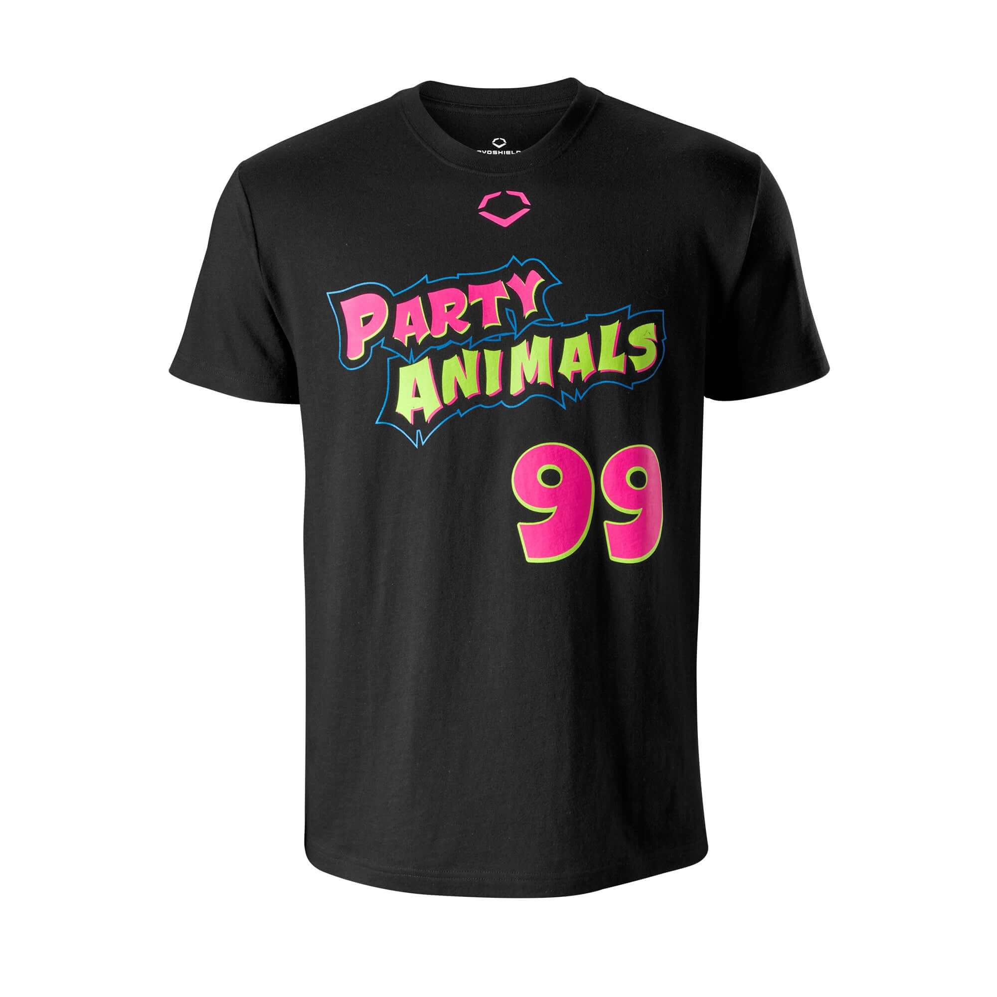 Evoshield Youth Party Animals Shirsey with vibrant graphic text and number 99 on black tee