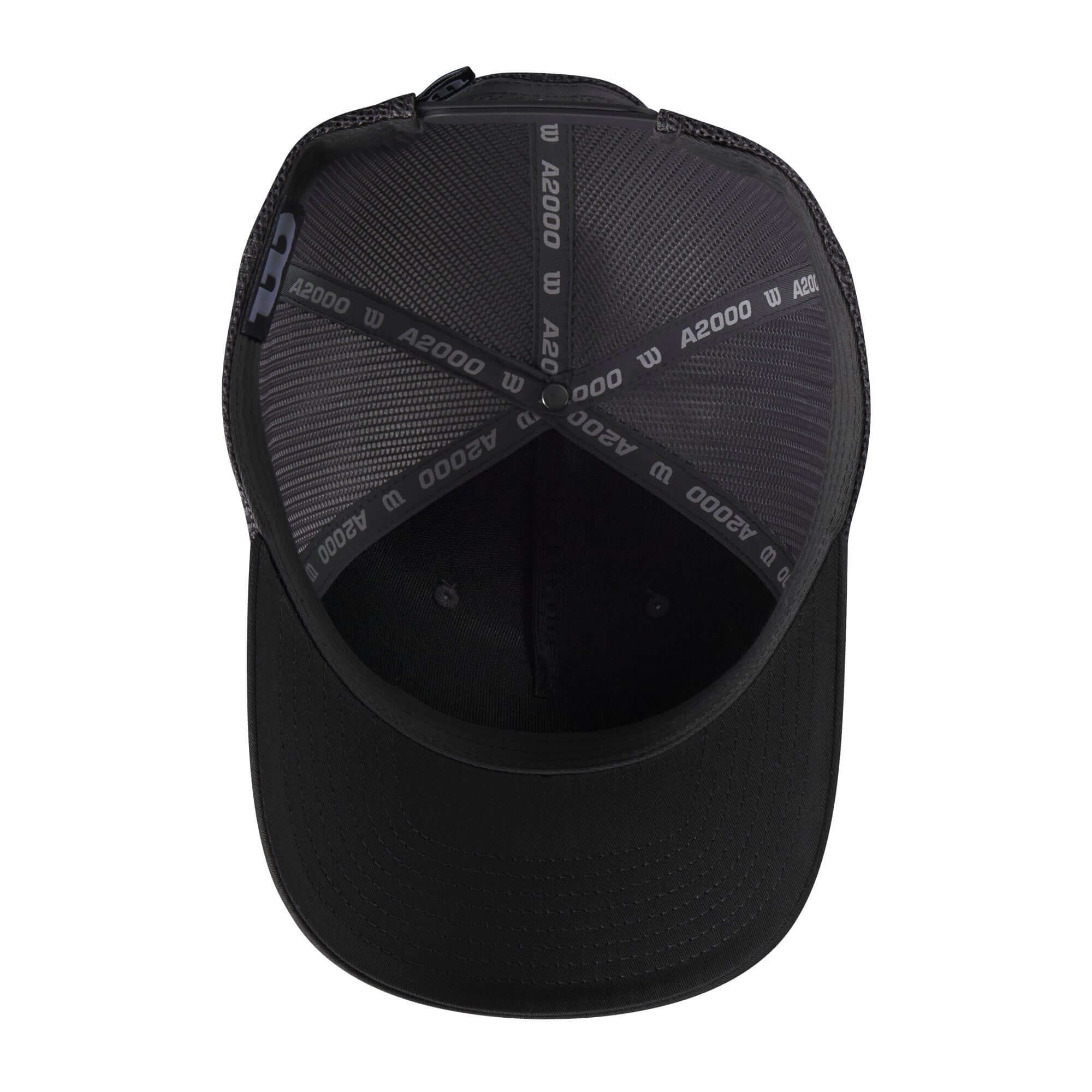 Inside view of the Wilson Distressed A2000 Snapback hat, featuring a charcoal color and adjustable fit for comfort.