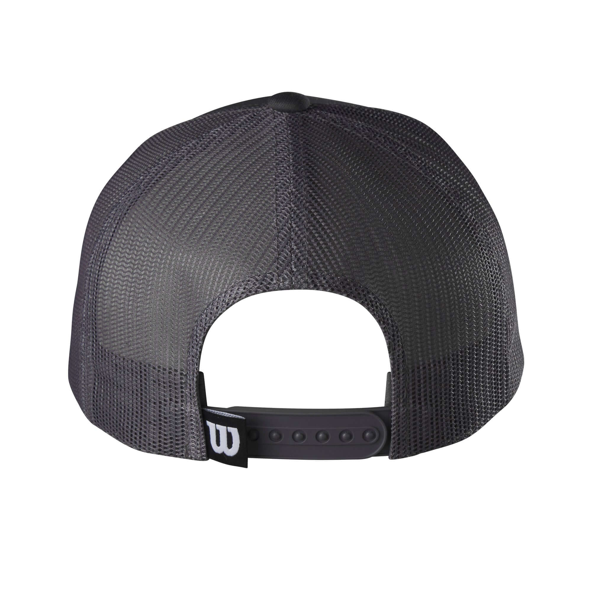 Back view of the Wilson Distressed A2000 Snapback hat in charcoal, featuring a durable mesh design and adjustable strap.