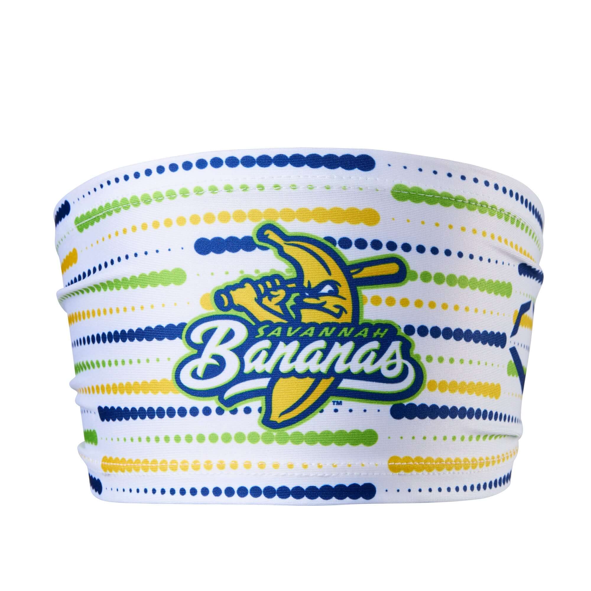 Front view of EvoShield Savannah Bananas Comet Headband with colorful dotted design and logo.