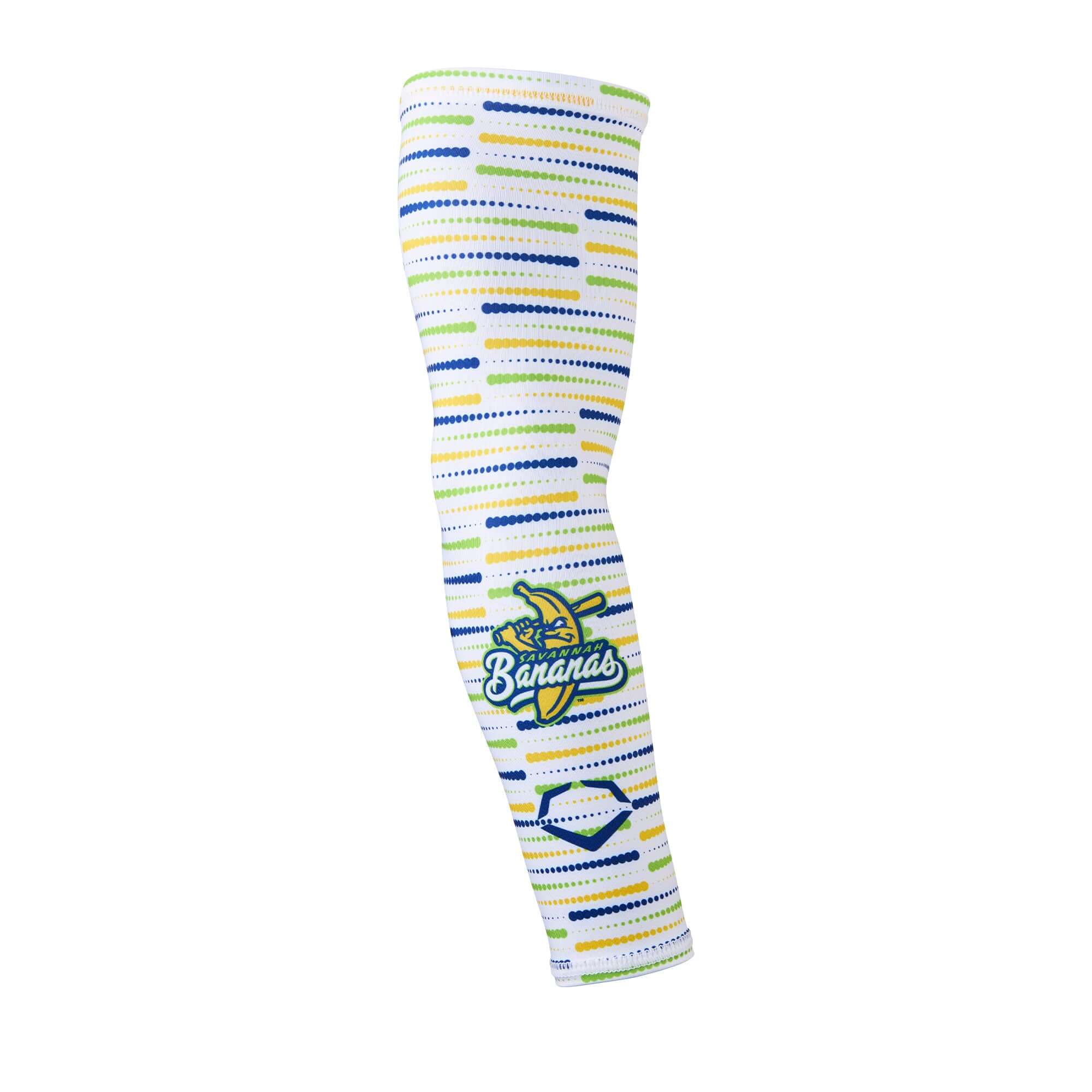 Side view of Bananas Sublimated 25 Arm Sleeve with colorful horizontal stripe pattern and logo near elbow.