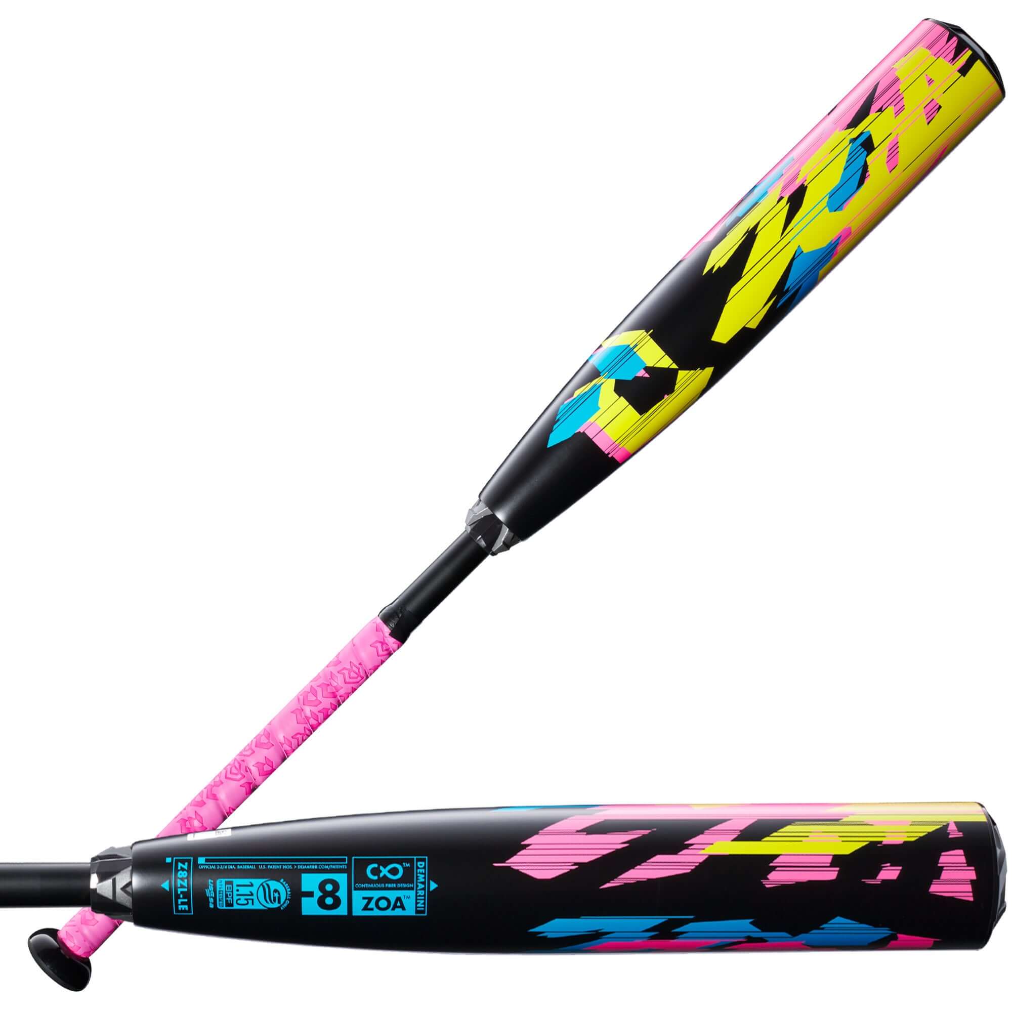 Demarini 2023 Zoa Glitch USSSA -8 baseball bat with yellow, pink, and blue design, two-piece composite build.