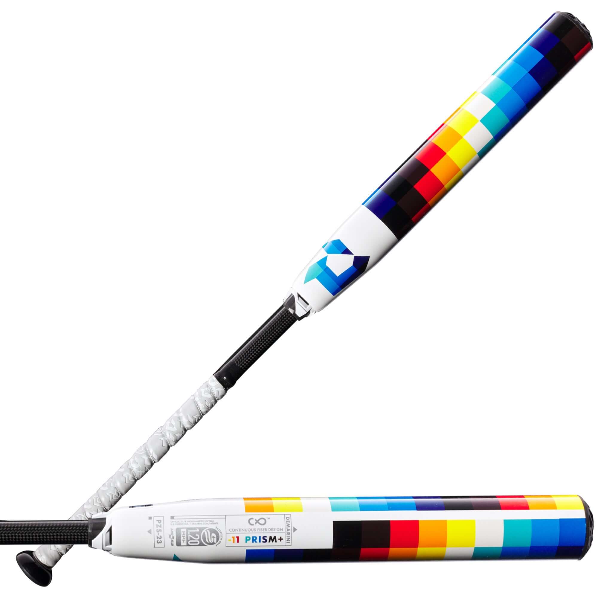 DeMarini 2023 FP Prism+ (-11) Fastpitch Bat with colorful design and balanced swing weight for precision hitting.