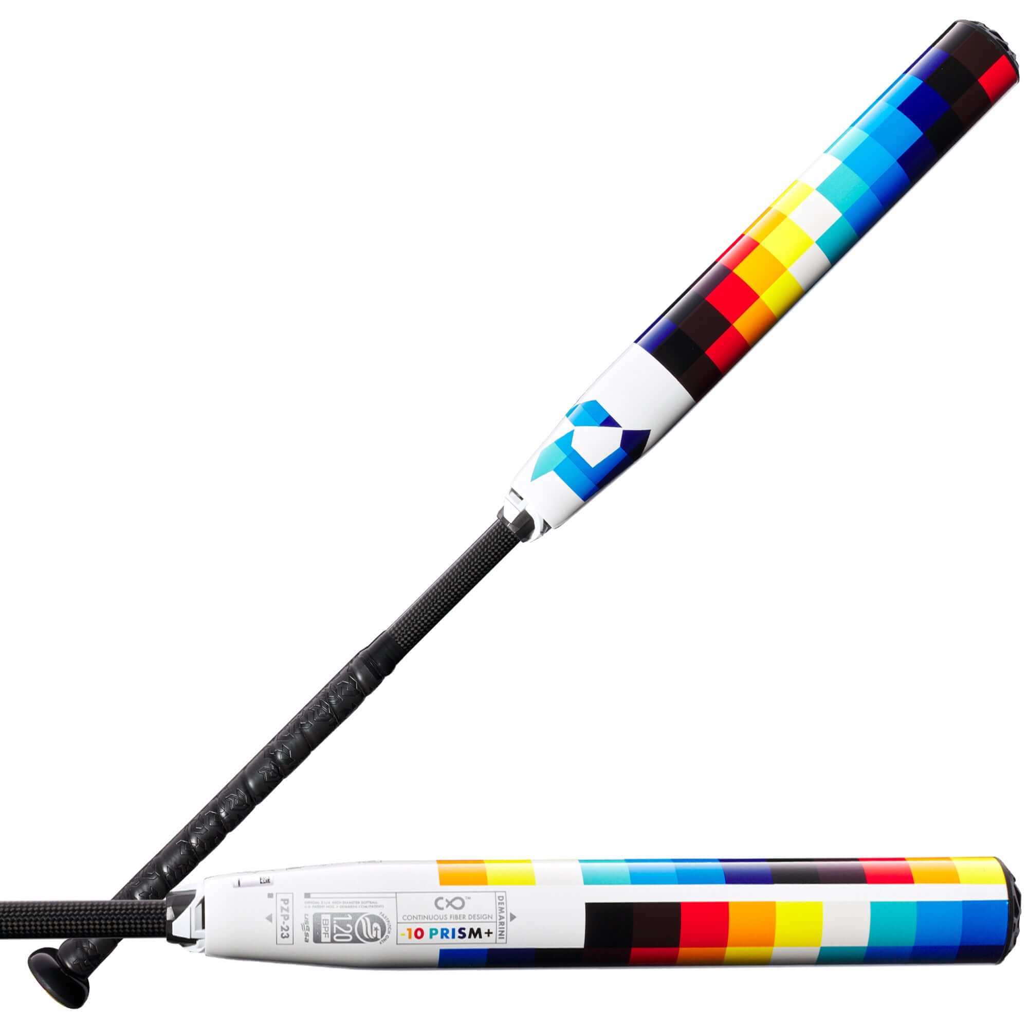 DeMarini 2023 FP Prism+ (-10) Fastpitch Bat showcasing its colorful design and Gapped Wall Barrel construction.