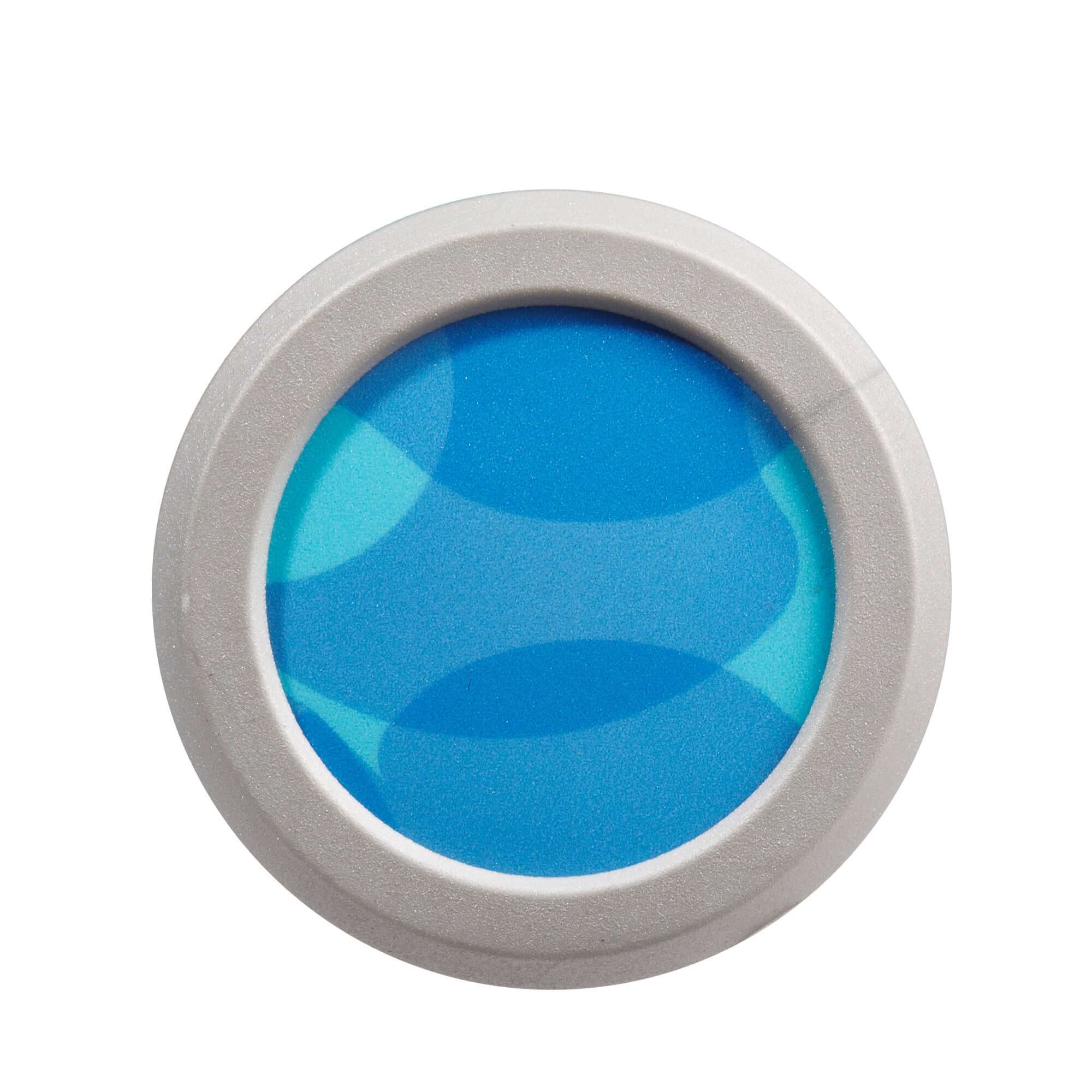 Round blue decorative item with abstract wave patterns and a gray border. Ideal for home decor or craft projects.