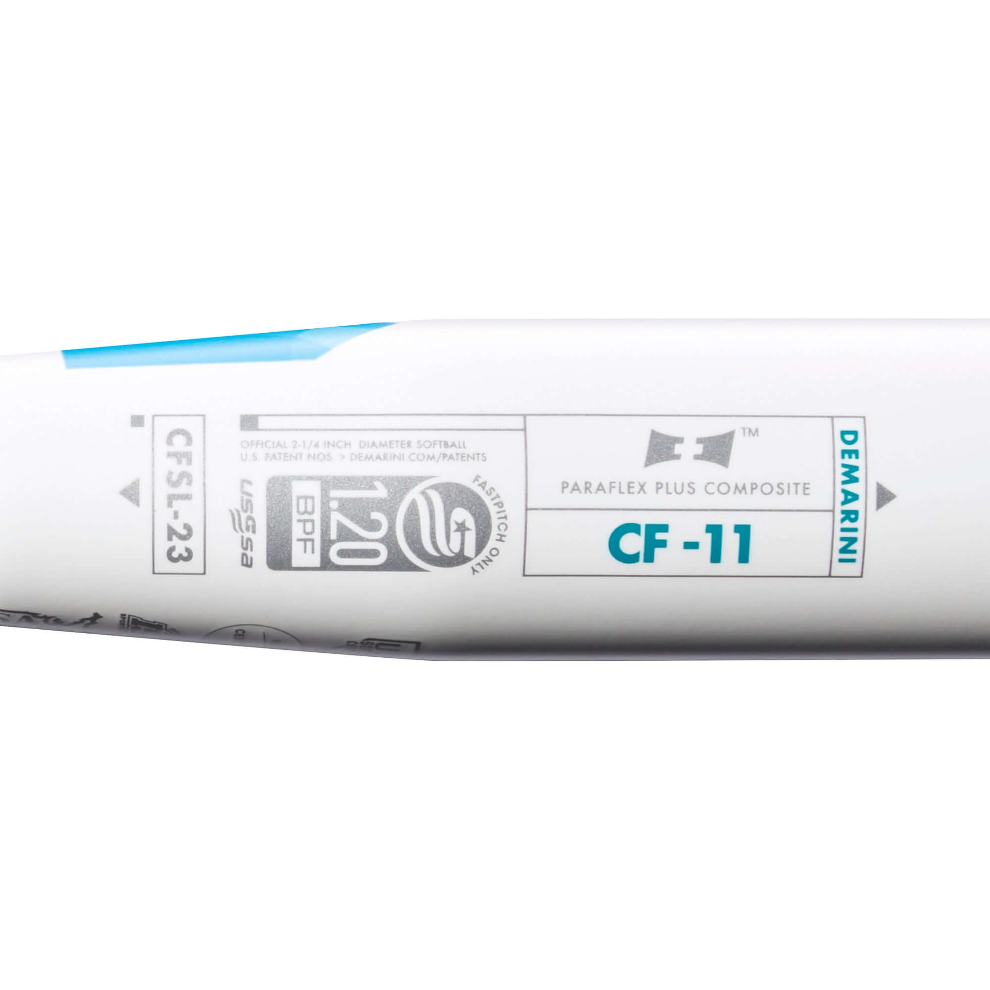DeMarini 2023 CF Fastpitch bat showing Paraflex Plus Composite technology and model CF-11 details.