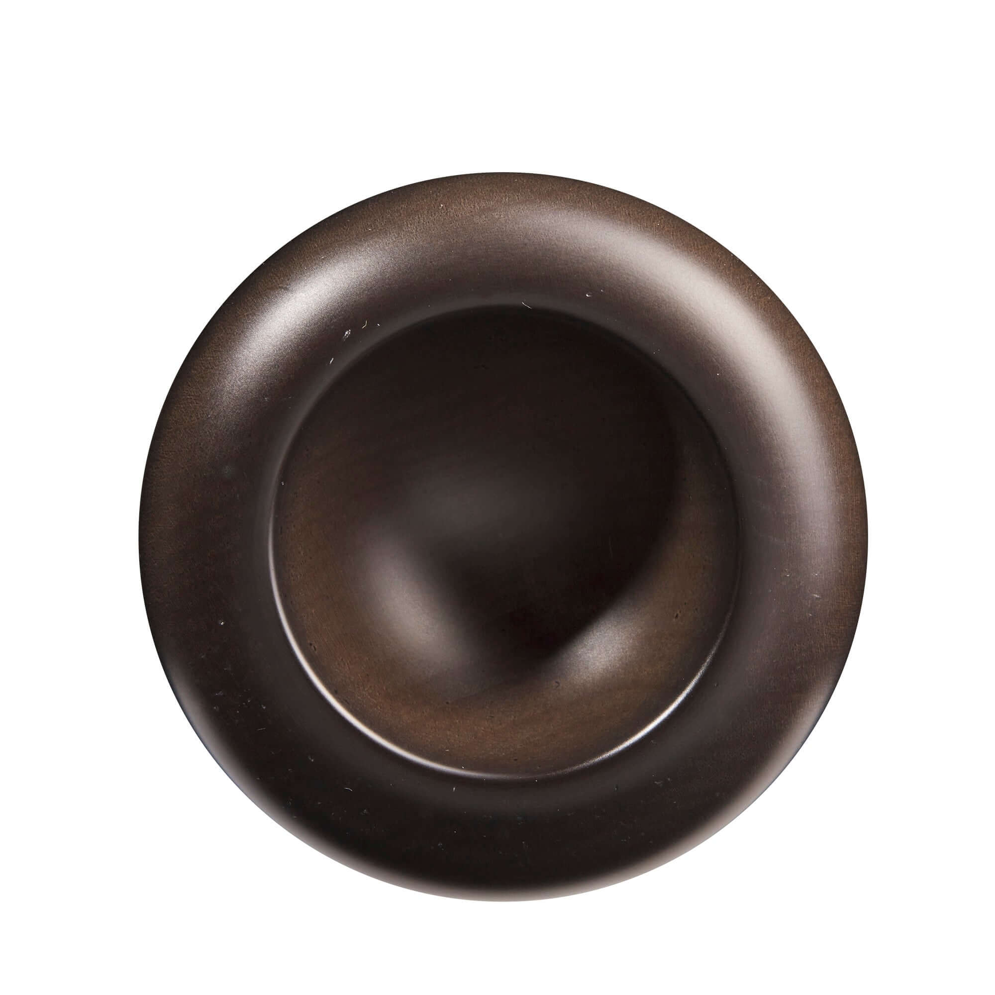 Top view of a round, dark bronze decorative bowl with smooth, curved edges and a concave center.