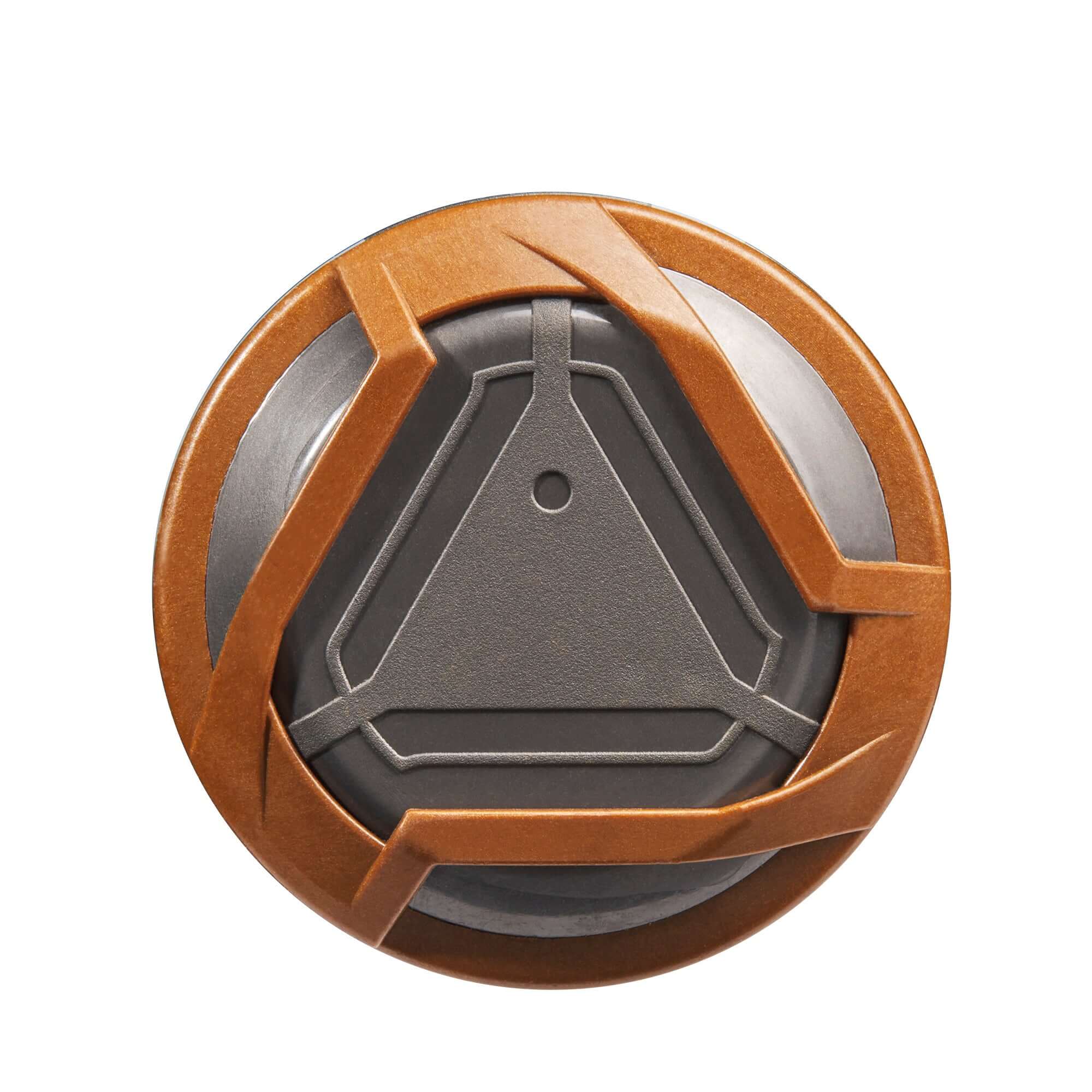 Top view of a round, triangular-themed coaster with a brown leather-like design and gray center. Suitable for modern home decor.