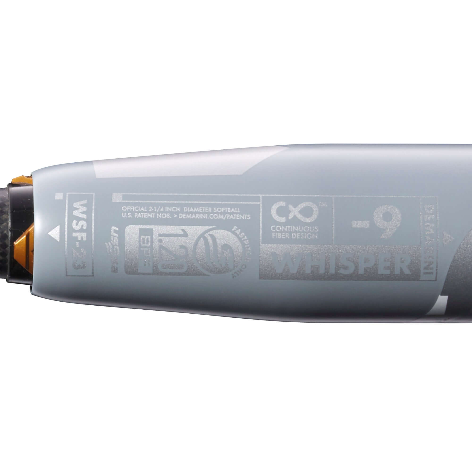 DeMarini 2023 Whisper (-9) Fastpitch Bat showcasing the barrel design and technology details.