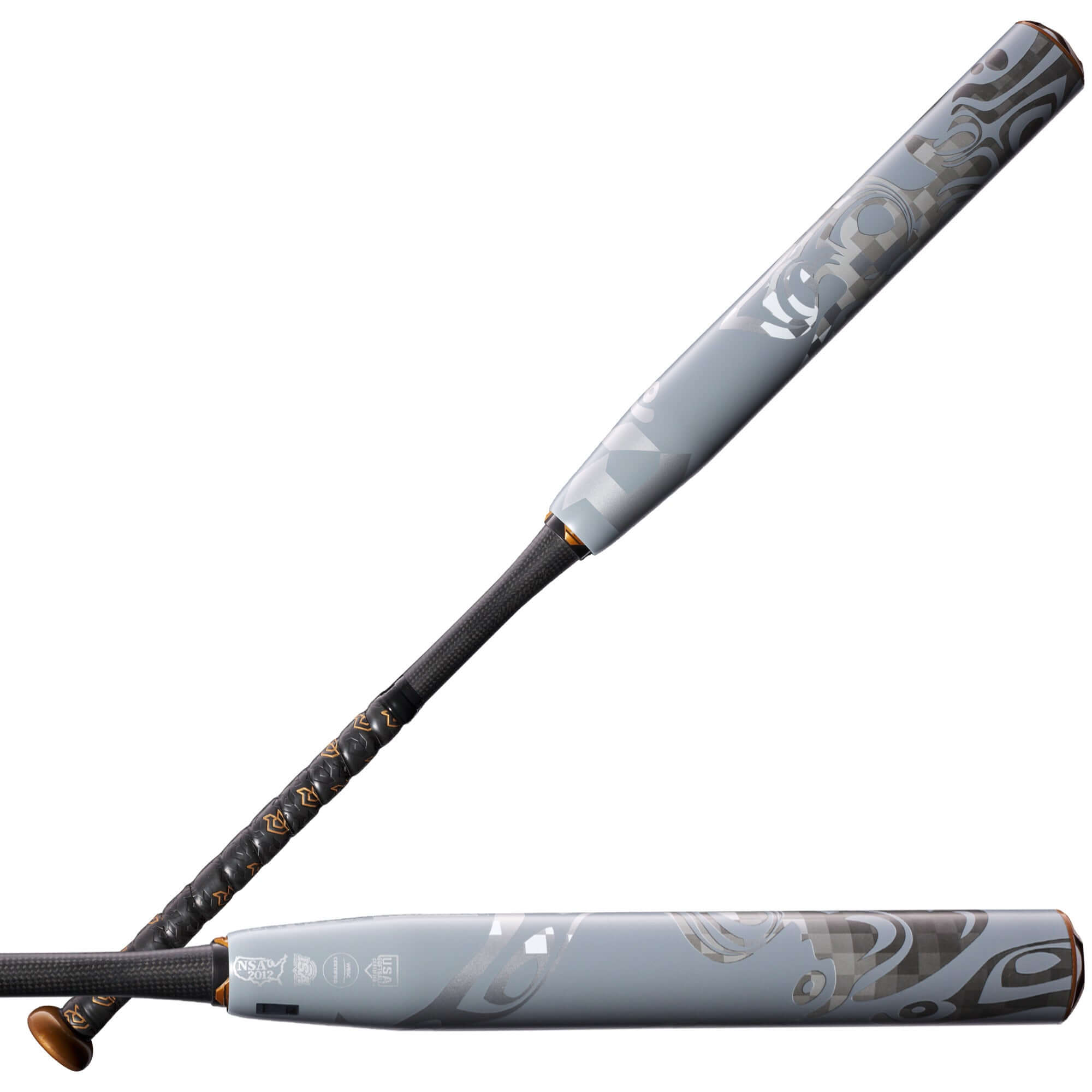 Demarini 2023 Whisper (-9) Fastpitch Bat with gray design and carbon grip, showcasing advanced technology for powerful hits.