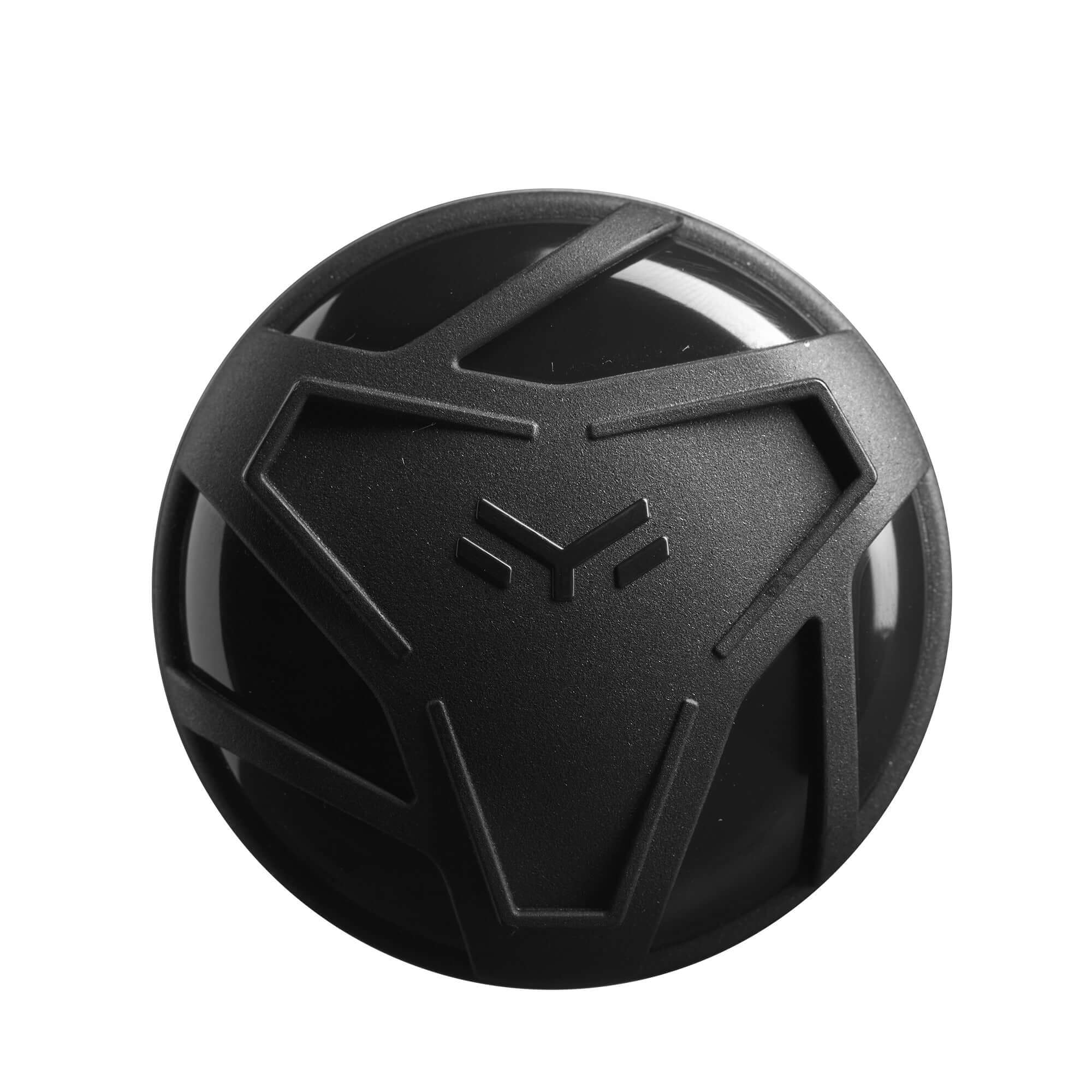 Black sports ball with a sleek design and a logo featuring a stylized emblem.