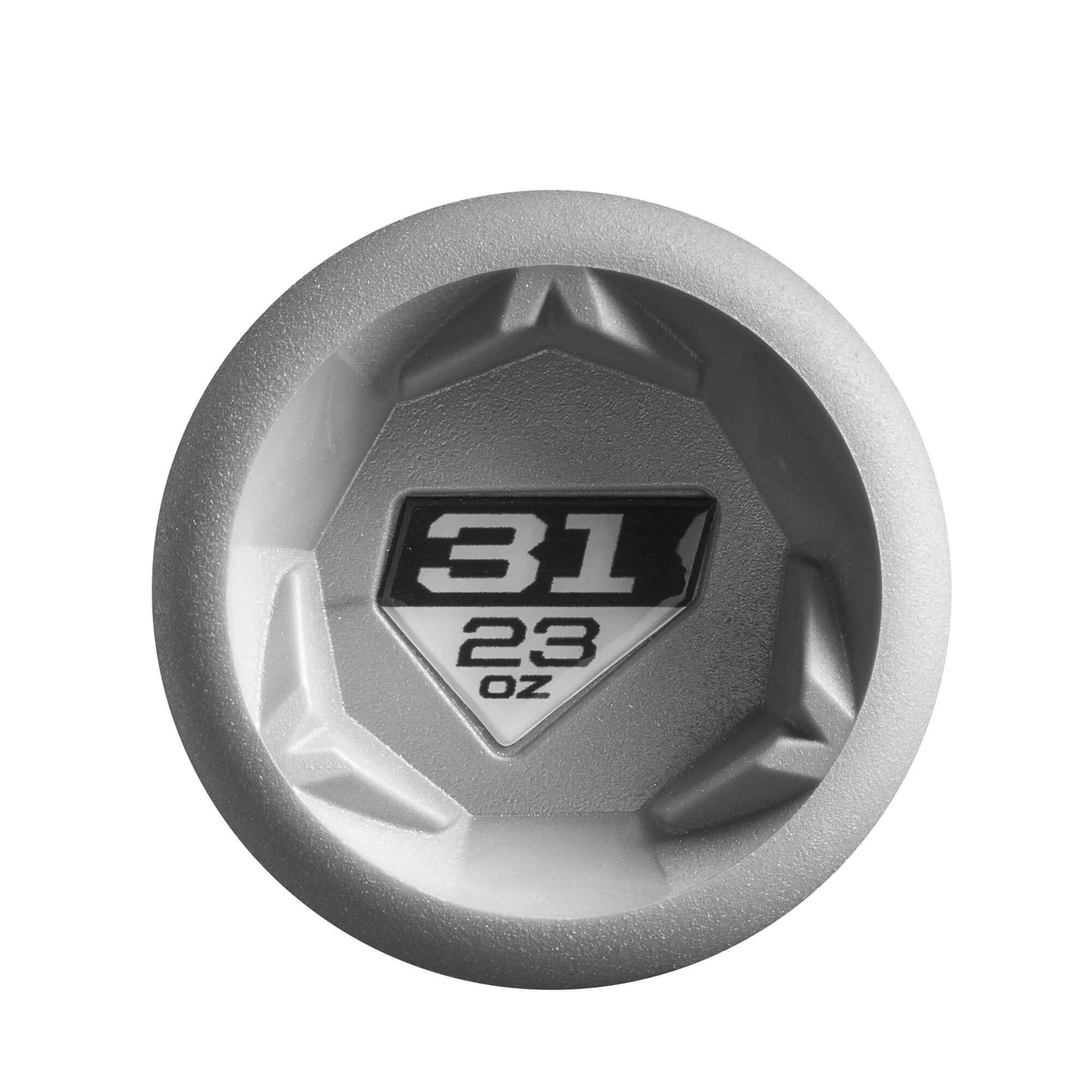Top view of the DeMarini Zoa baseball bat end cap, featuring a 31-inch length and 23-ounce weight.