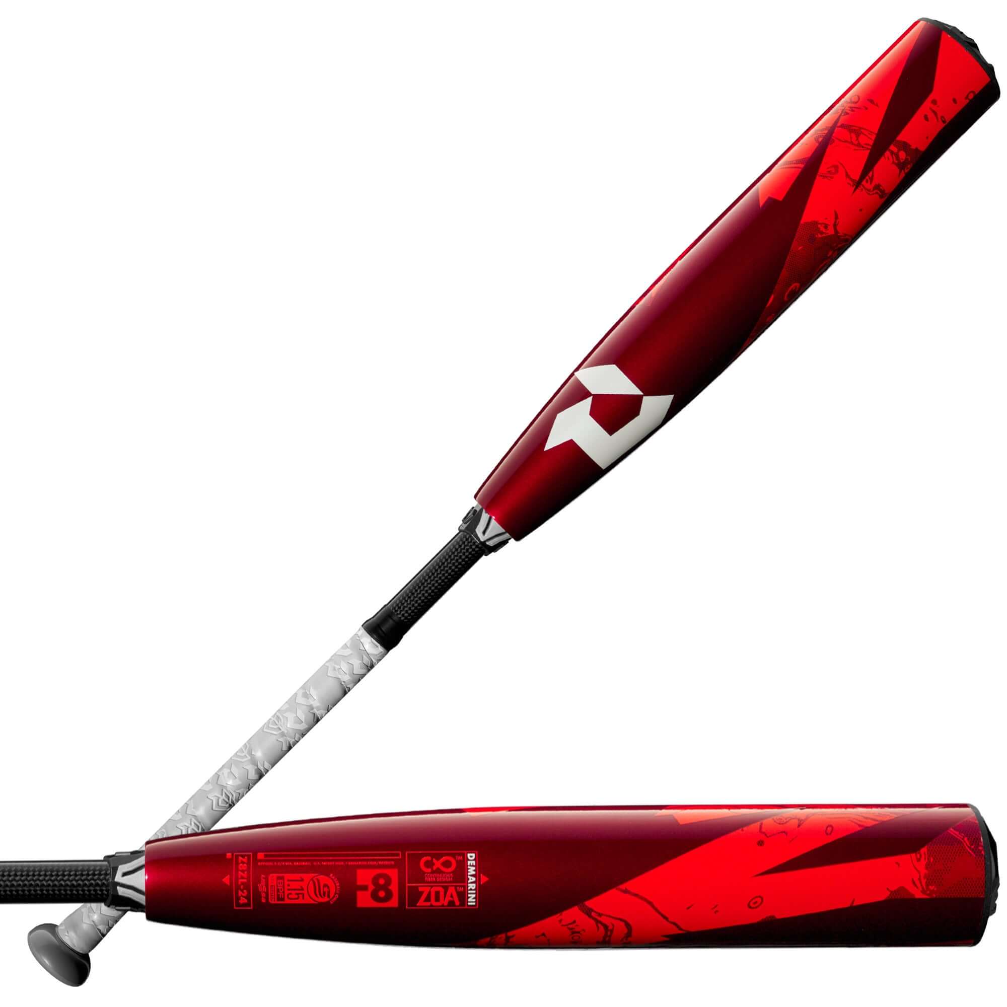 DeMarini 2024 Zoa (-8) USSSA Baseball Bat with a 2 ¾” composite barrel, designed for lightweight swings and power.