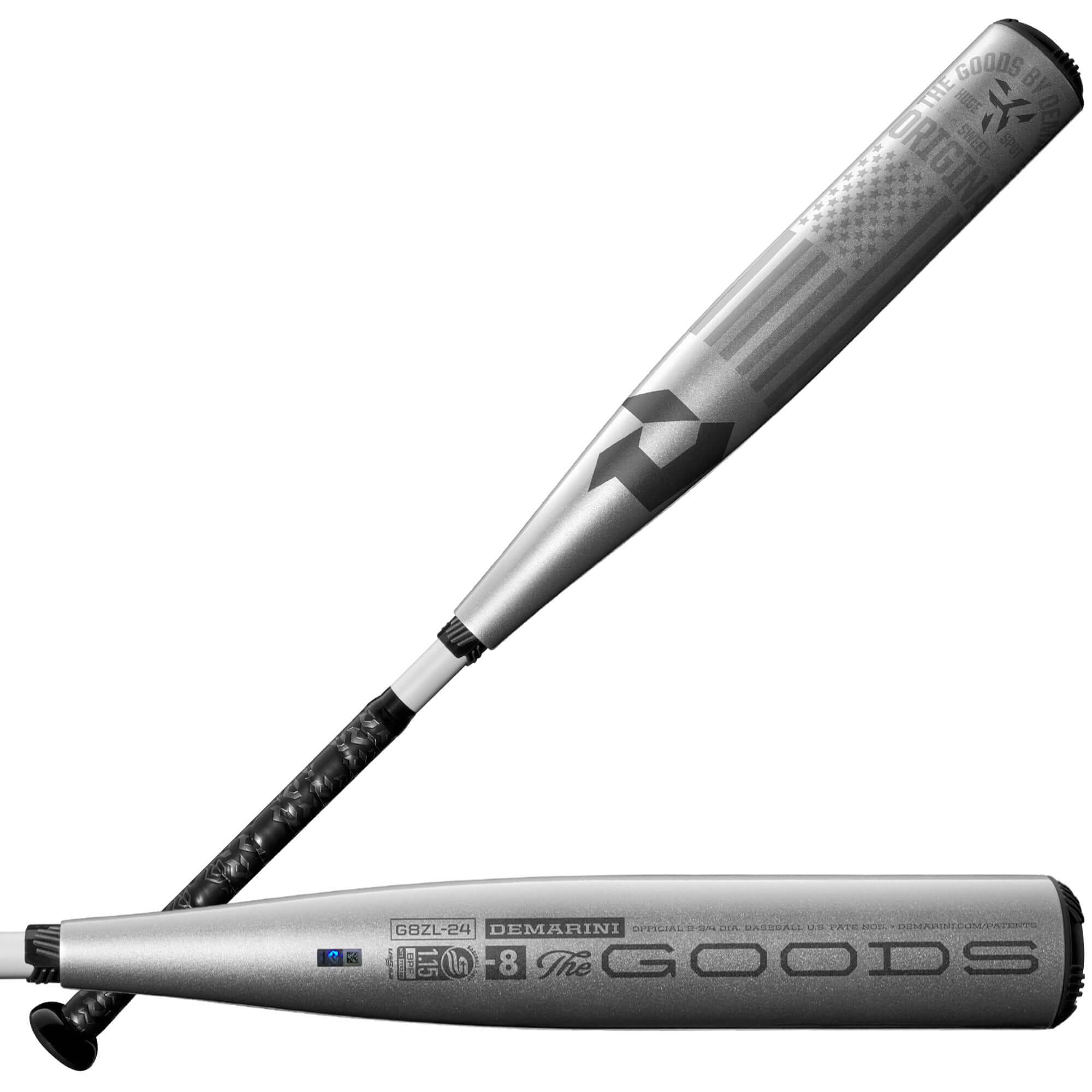 DeMarini 2024 The Goods (-8) SL hybrid bat with X14 Alloy Barrel and Paraflex Plus Composite Handle. Perfect for travel ball players.