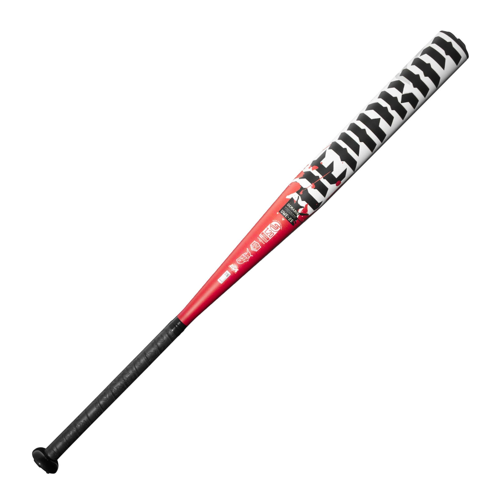 2025 DeMarini Ultimate Weapon Slowpitch Softball Bat with red and black design, featuring a 12-inch SC4 alloy barrel.